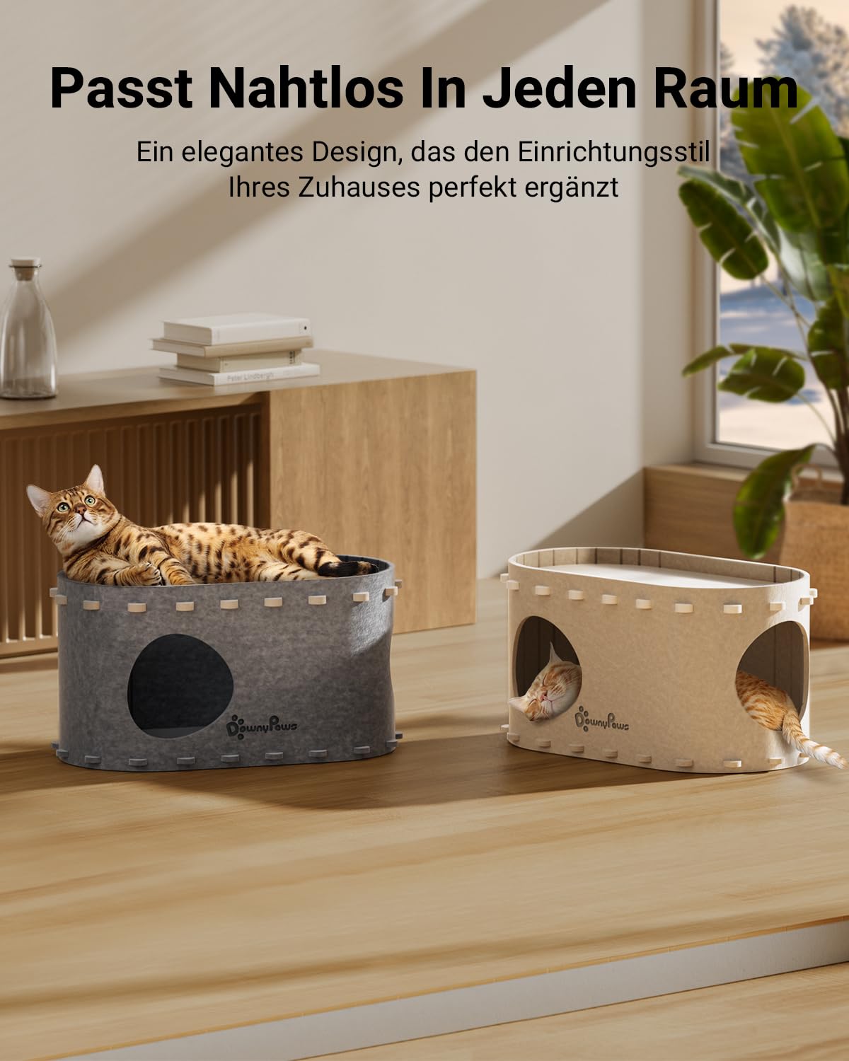 Katzenhöhle Filz, Katzenhaus aus Filz, Katzenbett, Katzenhöhle für Katzen, 58 x 33 x 30cm, Peek-a-Boo zum Spielen, Winterfest, Schutz der Katzennägel, Beige