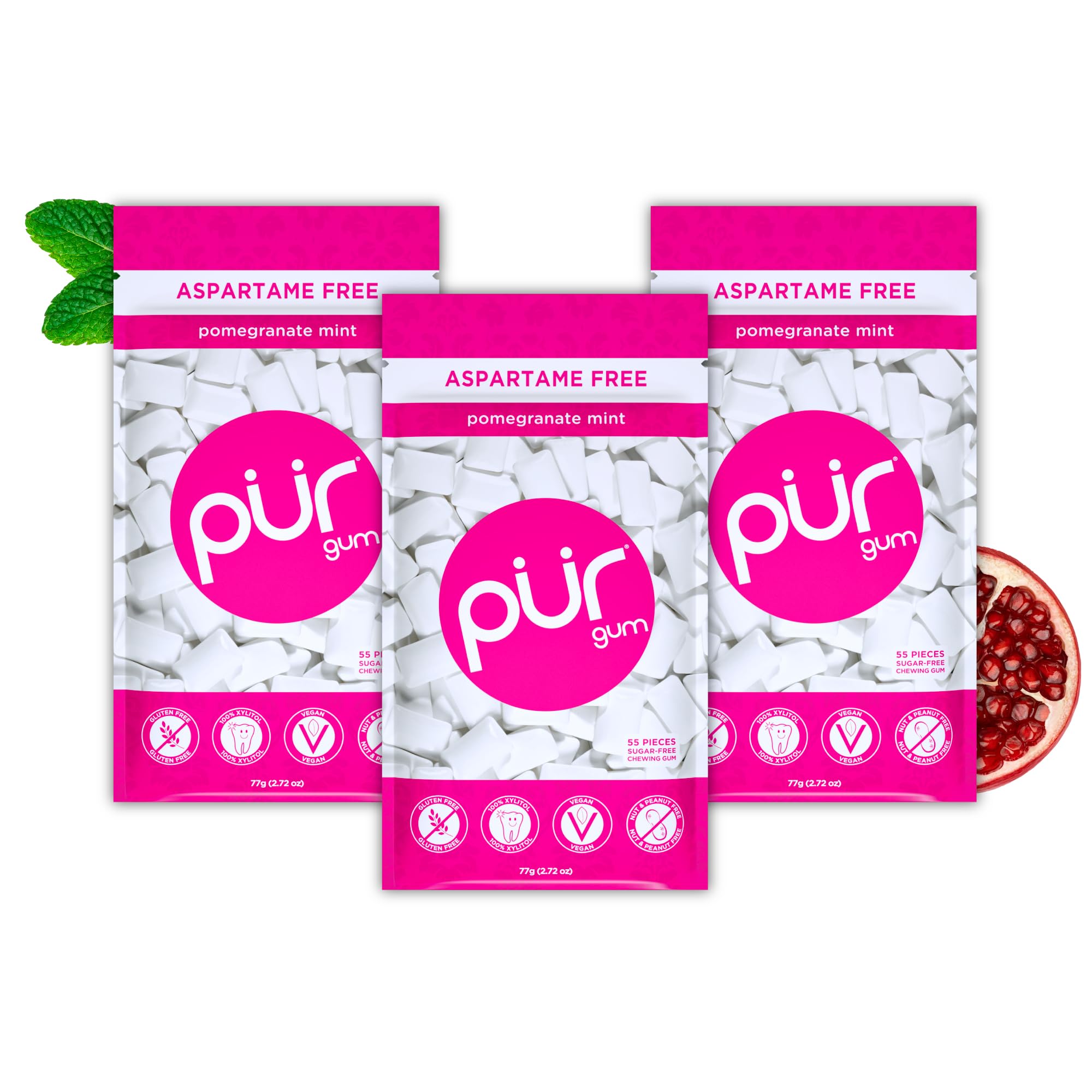 PUR Gum | Zuckerfreier Kaugummi | Mit Xylit | Vegan, Aspartamfrei & Glutenfrei | Natürlicher Kaugummi Mit Spearmint-Geschmack, 55 Stück (3er Pack)