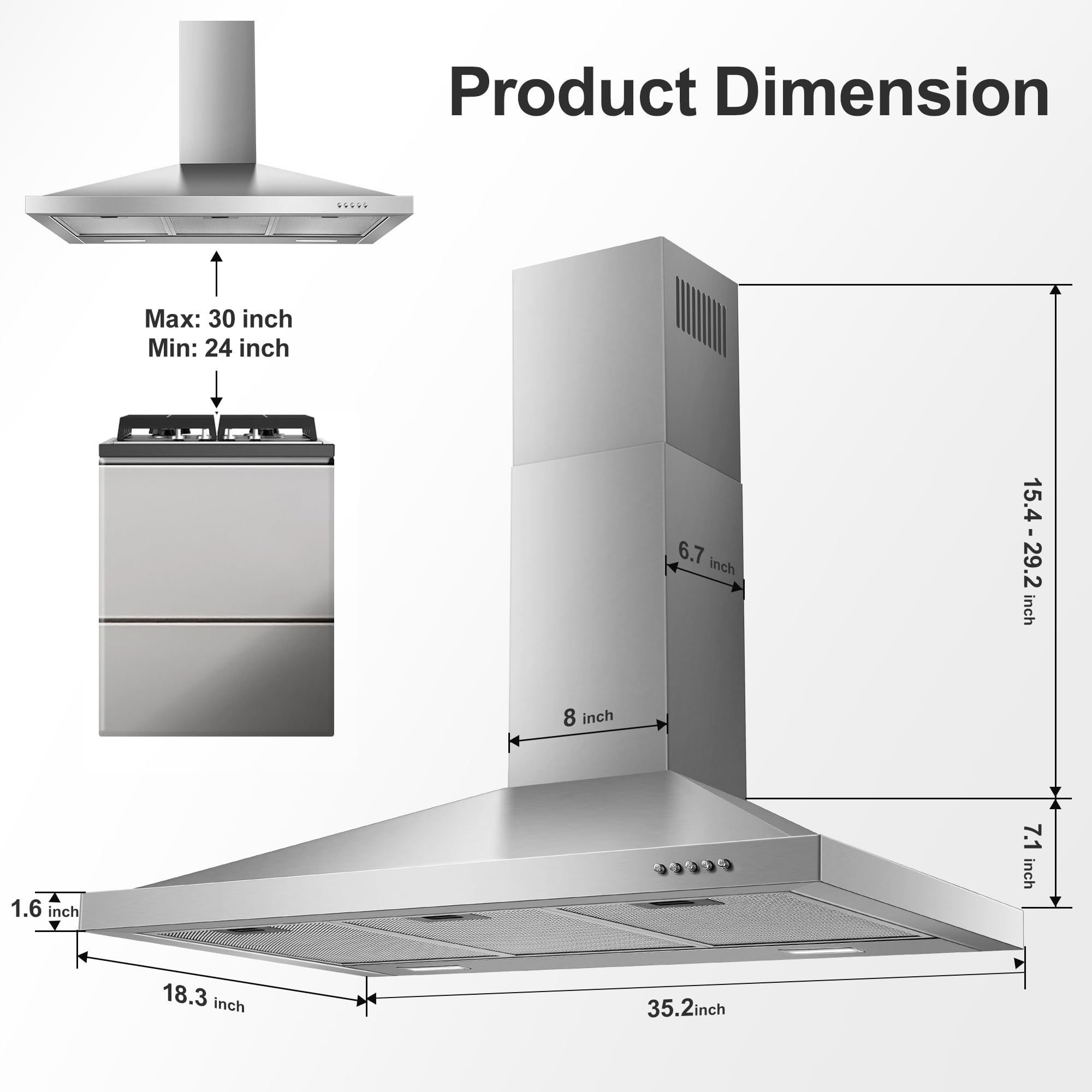 Tieasy Wall Mount Range Hood 30 inch with Ducted/Ductless Convertible Duct, Stainless Steel Chimney-Style Over Stove Vent Hood with LED Light, 3 Speed Exhaust Fan, 450 CFM