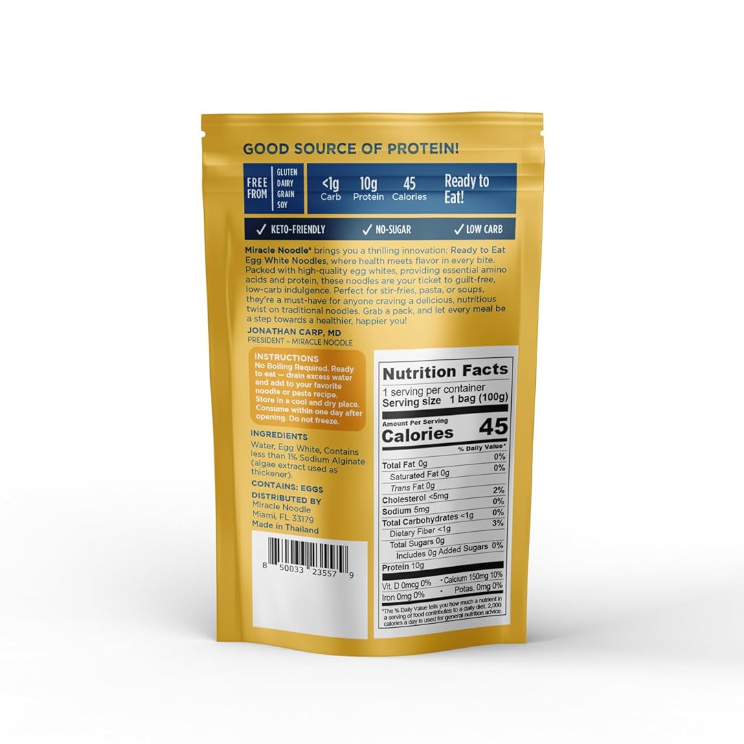 Miracle Noodle Egg White Spaghetti Pasta, 3.5 Oz (Pack of 6), Ready to Eat Egg White Noodles, 10g Protein, 45 Calories, 1g Net Carbs Per Serving, High Protein, Keto, Gluten-Free