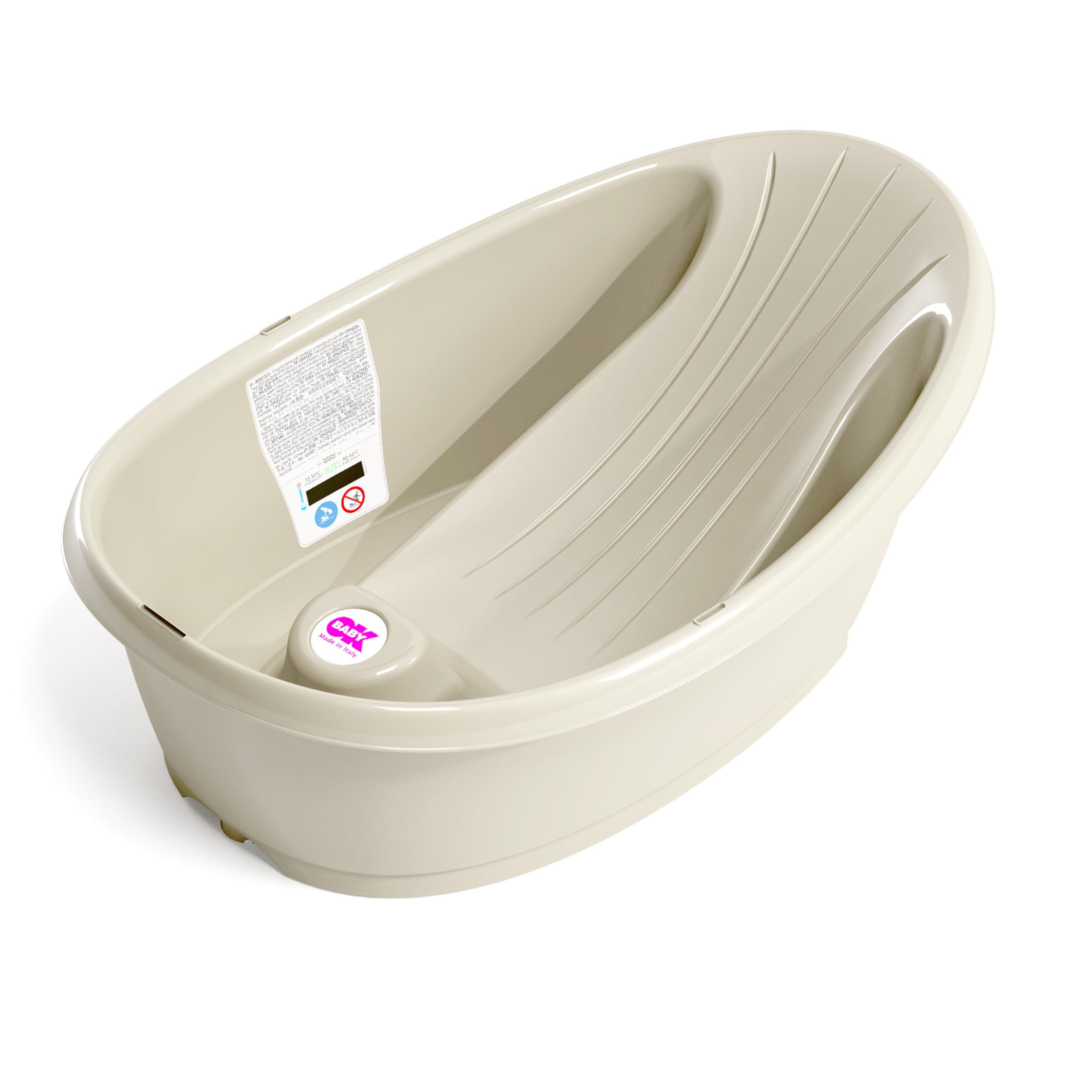 Onda Baby-Badewanne - Rutschsichere Basis, mit eingebautem digitalen Flüssigkristall-Thermometer - Rückenstütze für zusätzlichen Komfort - Passt in die Badewanne oder die ebenerdige - Weiss