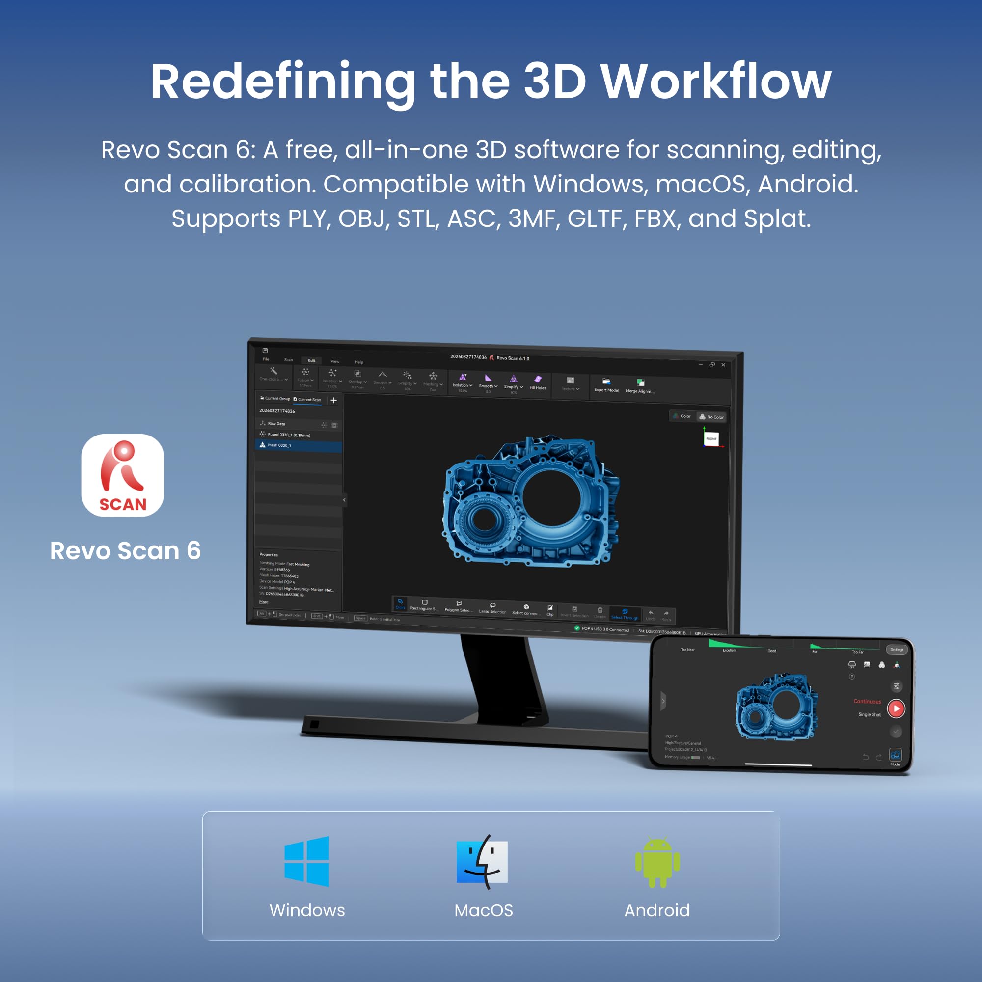 Revopoint POP 4 Handheld 3D Scanner, 0.03mm Accuracy Blue Laser, Up to 105 fps, AI Segmentation & 3DGS Modeling, 5 Scanning Modes, Anti-Shake Tracking, Outdoor Scanning, for 3D Printing, Premium