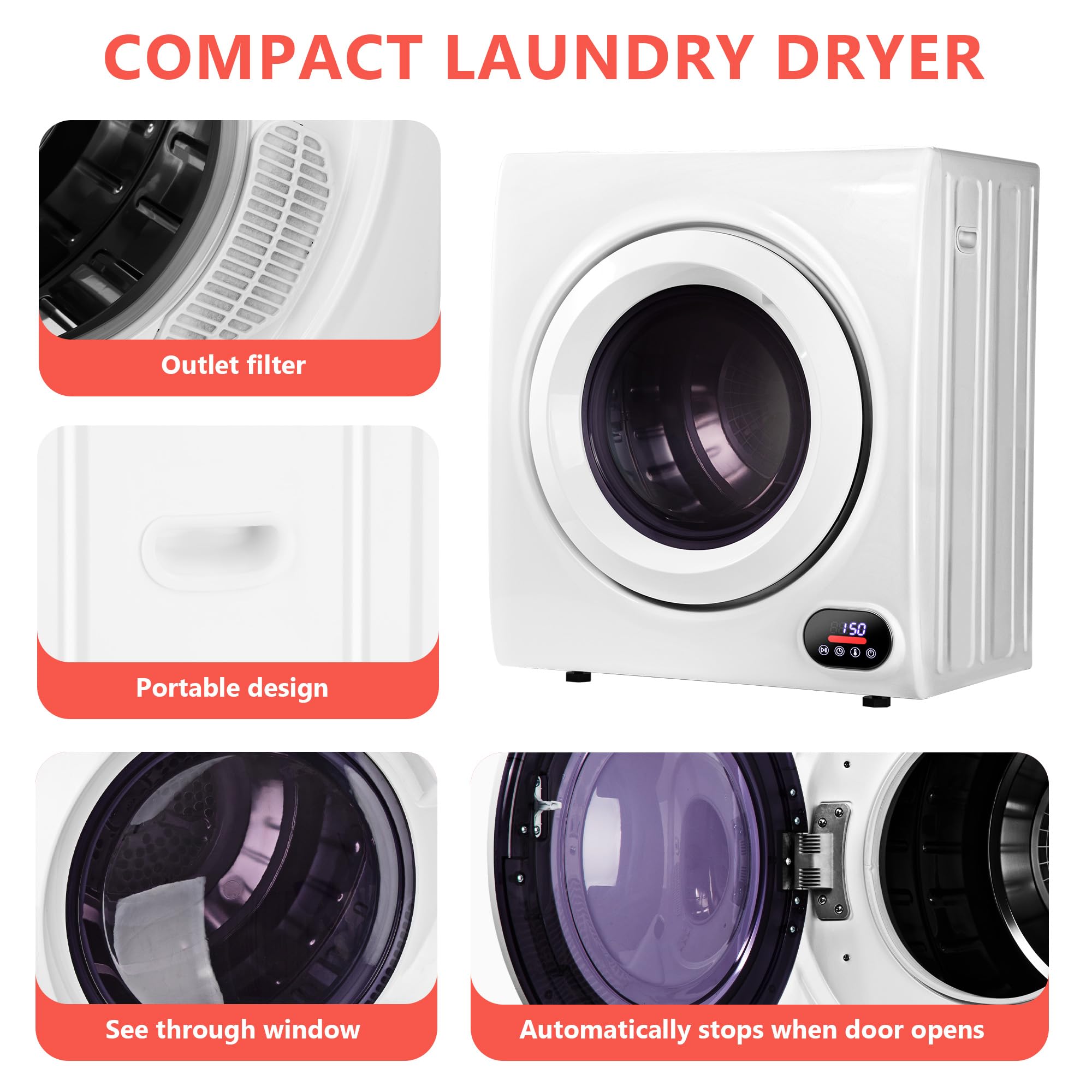 Euhomy Compact Laundry Dryer, 3.5 cu ft Front Load Stainless Steel Clothes Dryers With Exhaust Pipe, 1500W, LCD Control Panel Four-Function Portable Dryer For Apartments, Home, Dorm, White