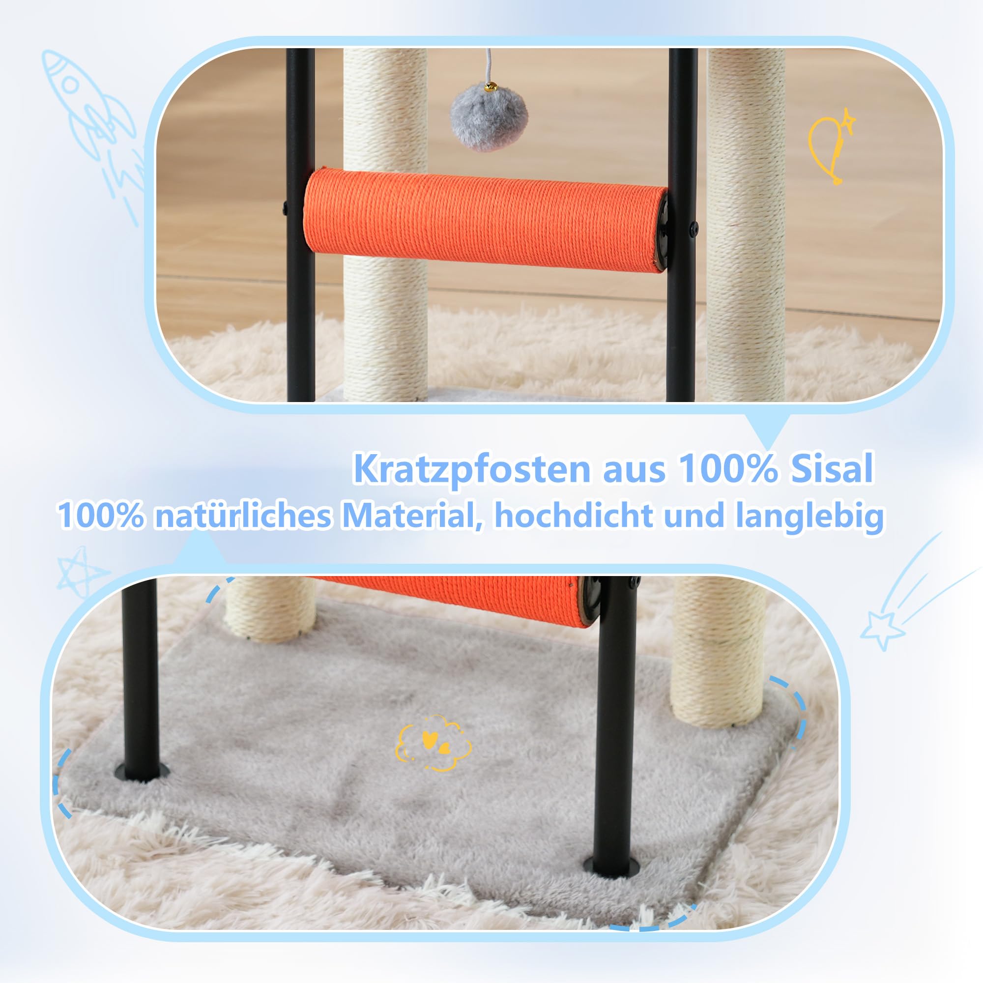 Hey-brother Kratzbaum, 50 cm klein Katzenbaum für Kätzchen, Kratzpfosten mit drehbarer Sisalsäule, geräumiger Plüschplattform, Vollständig sisalumwickelte Säule und Spielbällen, Hellgrau EMPJ010SW