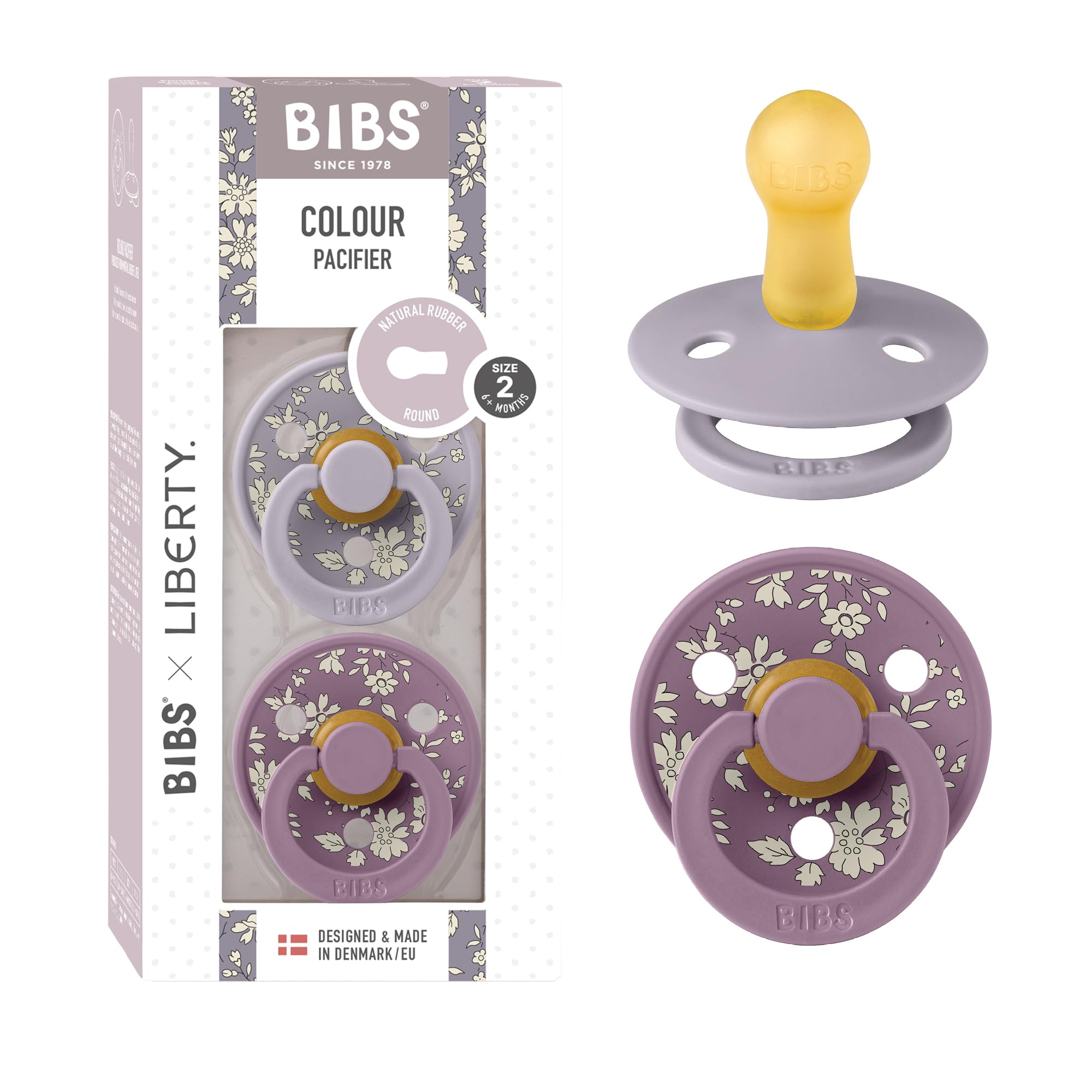 BIBS Colour Liberty Schnuller 2er-Pack, BPA-frei, Kirschform Nippel. Naturkautschuk/Latex, Hergestellt in Dänemark, Größe 2 (6-18 Monate), Chamomile Lawn Violet Sky