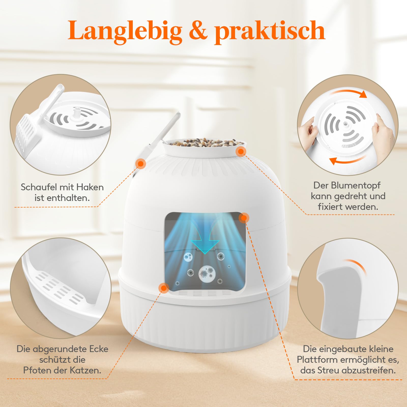 Lifewit Katzenklo Blumentopf mit Pflanze & Schaufel, Katzenklo Versteckt, Katzentoilette XXL mit Geruchskontrolle & Kohlefilter, Wohnzimmer, Schlafzimmer, Ecke, Weiß