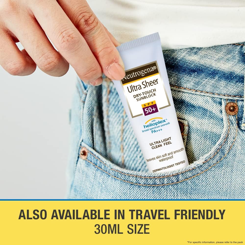 Neutrogena Ultra Sheer Sunscreen SPF 50+ | Broad Spectrum UVA/UVB | Blue light protect | No White Cast | Water resistant Ultra light & Non sticky | Oily, Dry & Sensitive Skin | 30 g (Pack of 1)