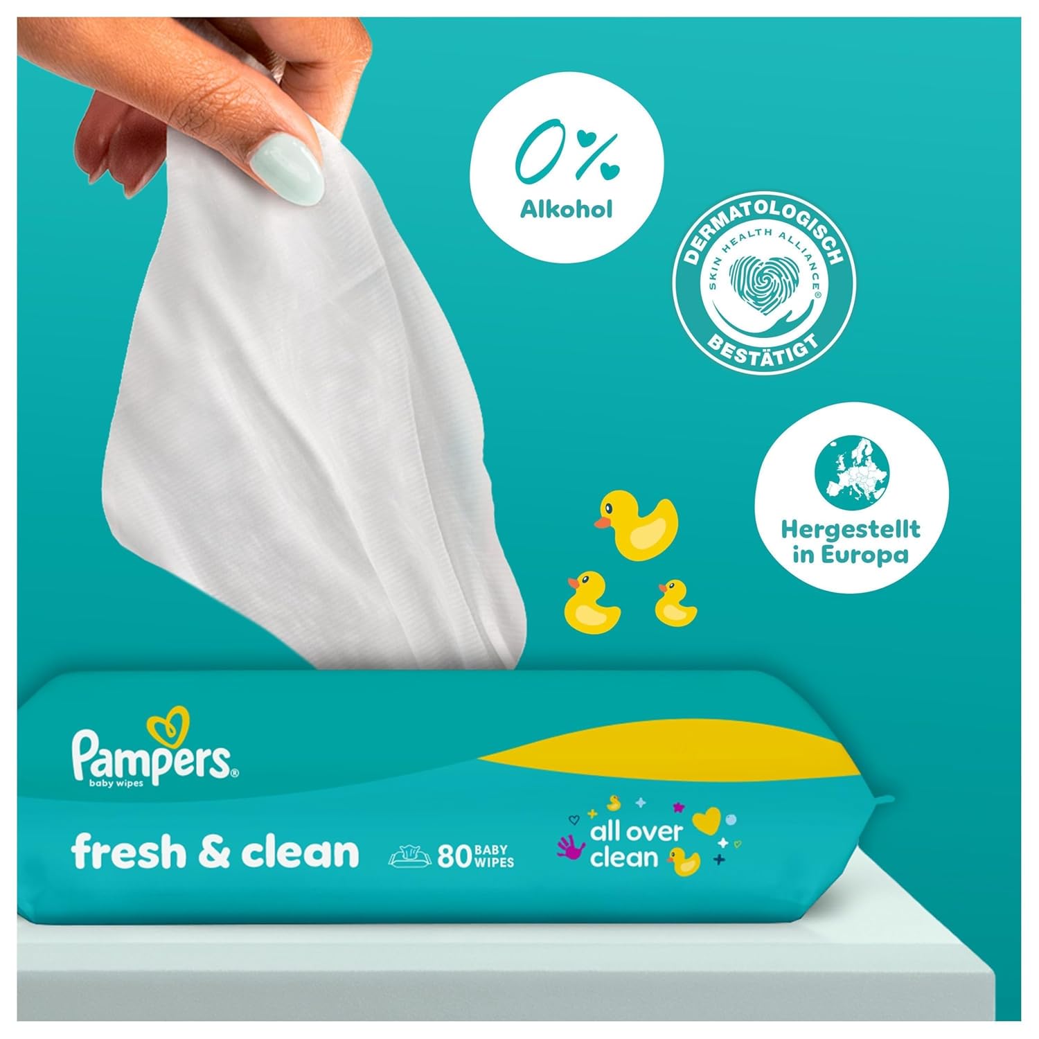 Pampers Fresh Clean Feuchttücher 15 Packungen mit 80 Stück, 1200 Feuchttücher, milder Duft, auch für Hände und Gesicht geeignet