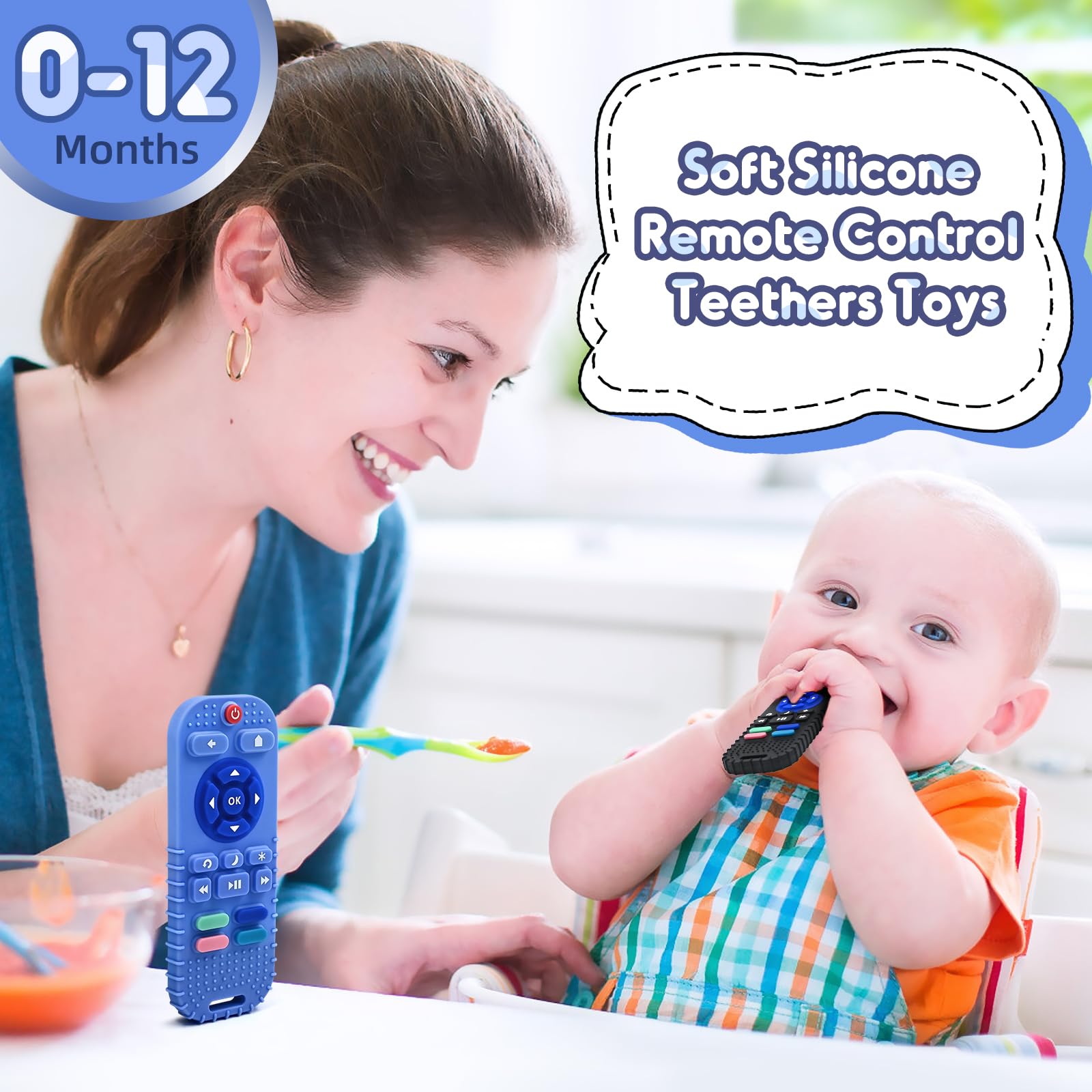 Zahnen Beißringe Spielzeug für Babys 3-6-12 Monate Geschenke, Fernbedienung Baby Zahnungshilfe für 7 8 9 Monate Kleinkind Autismus, Lebensmittelqualität Silikon Badespielzeug, Schwarz