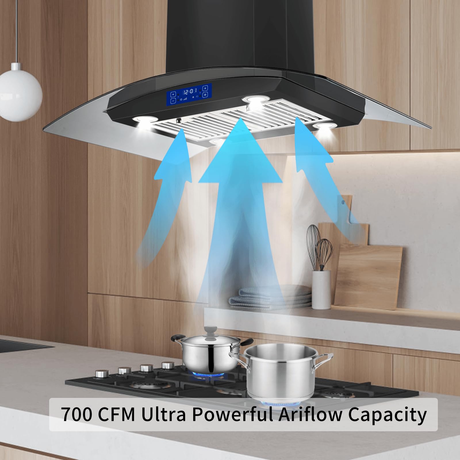 JOEAONZ Island Range Hood 30 Inch 700 CFM Gesture & Touch Control Ceiling Mount Stainless Steel Kitchen Vent Hood, Kitchen Exhaust Hood, Ducted/Ductless Convertible 3-speed Ventilation Fan Switchable