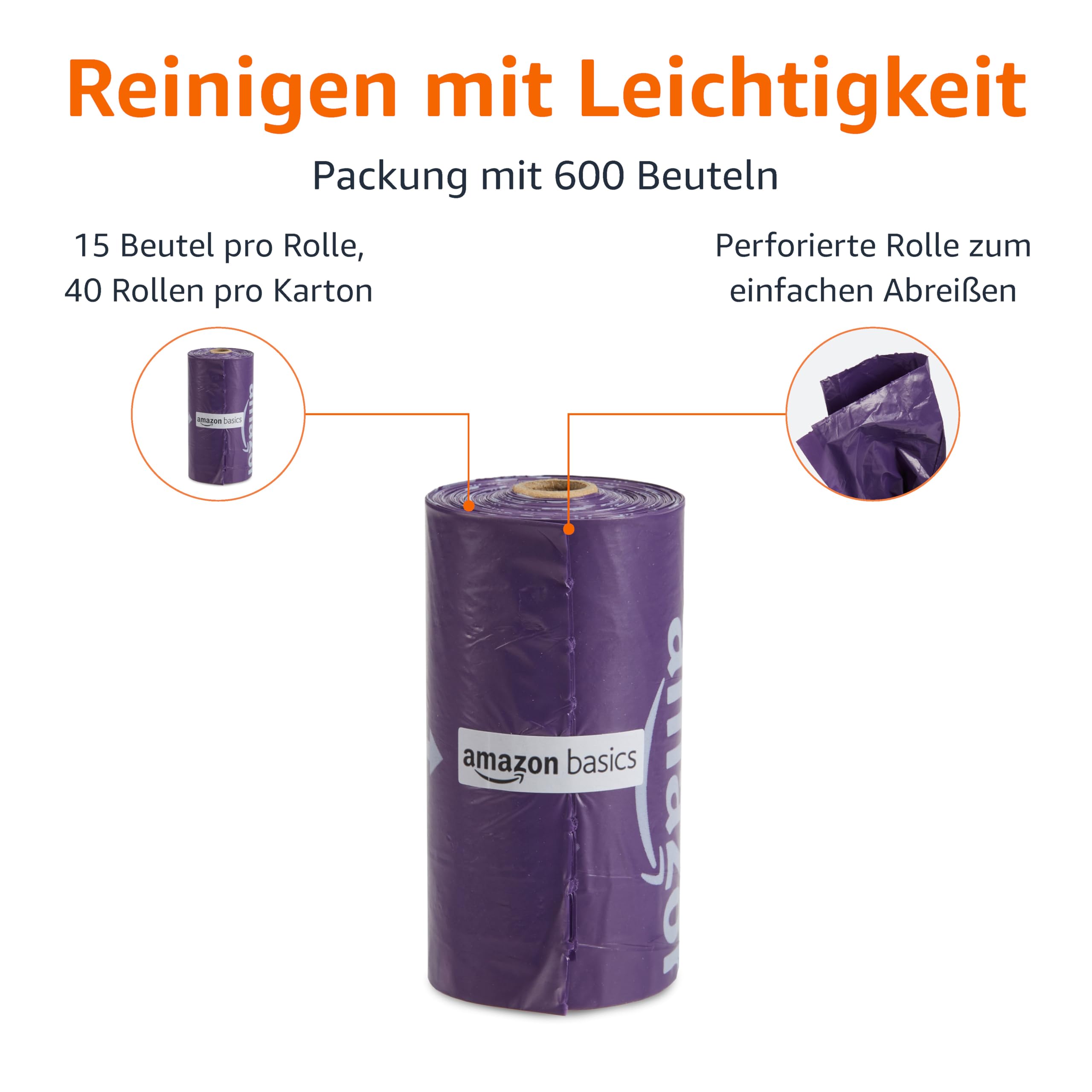 Amazon Basics Hundekotbeutel mit Spender und Leinenclip, Unparfümiert, 300 Beutel (20 Packungen mit je 15 Beuteln), Schwarz