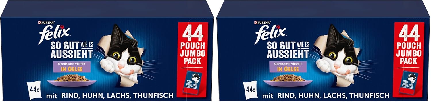 Felix So gut wie es aussieht Geschmacksvielfalt vom Land in Gelee Katzennassfutter, 44er Pack (44 x 85g)