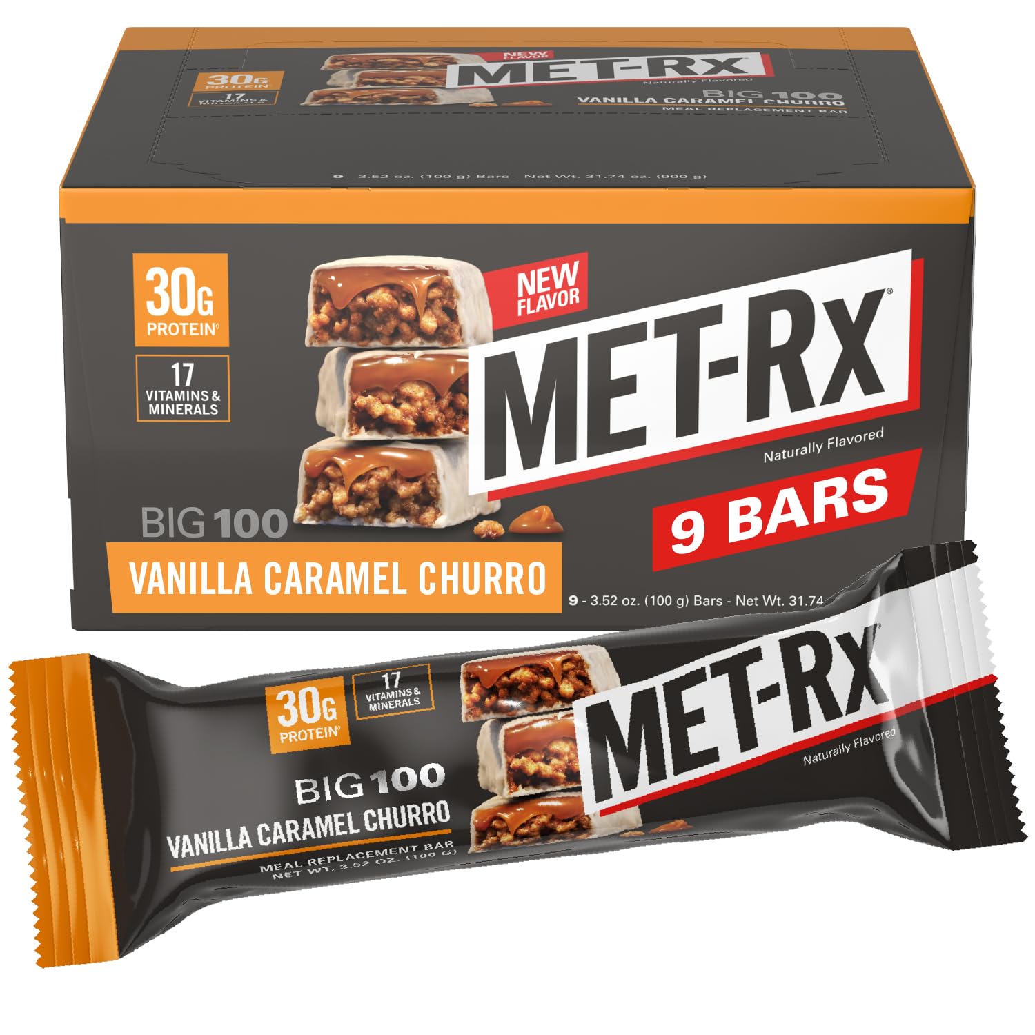 MET-Rx Big 100 Protein Bar, Meal Replacement Bar, 32G Protein, Super Cookie Crunch, 9 Bars (Pack of 1)
