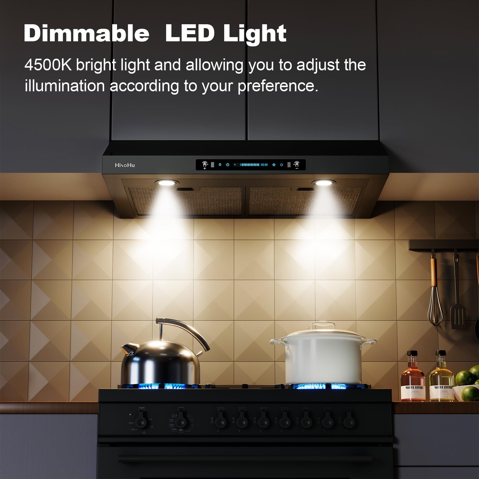 HisoHu 30 Inch Under Ducted Cabinet Range Hood with 1200 CFM, 4 Speed Gesture Sensing Kitchen Exhaust Hood & Touch Control Panel, Stainless Steel Stove Vent Hood with 2 LED Lights