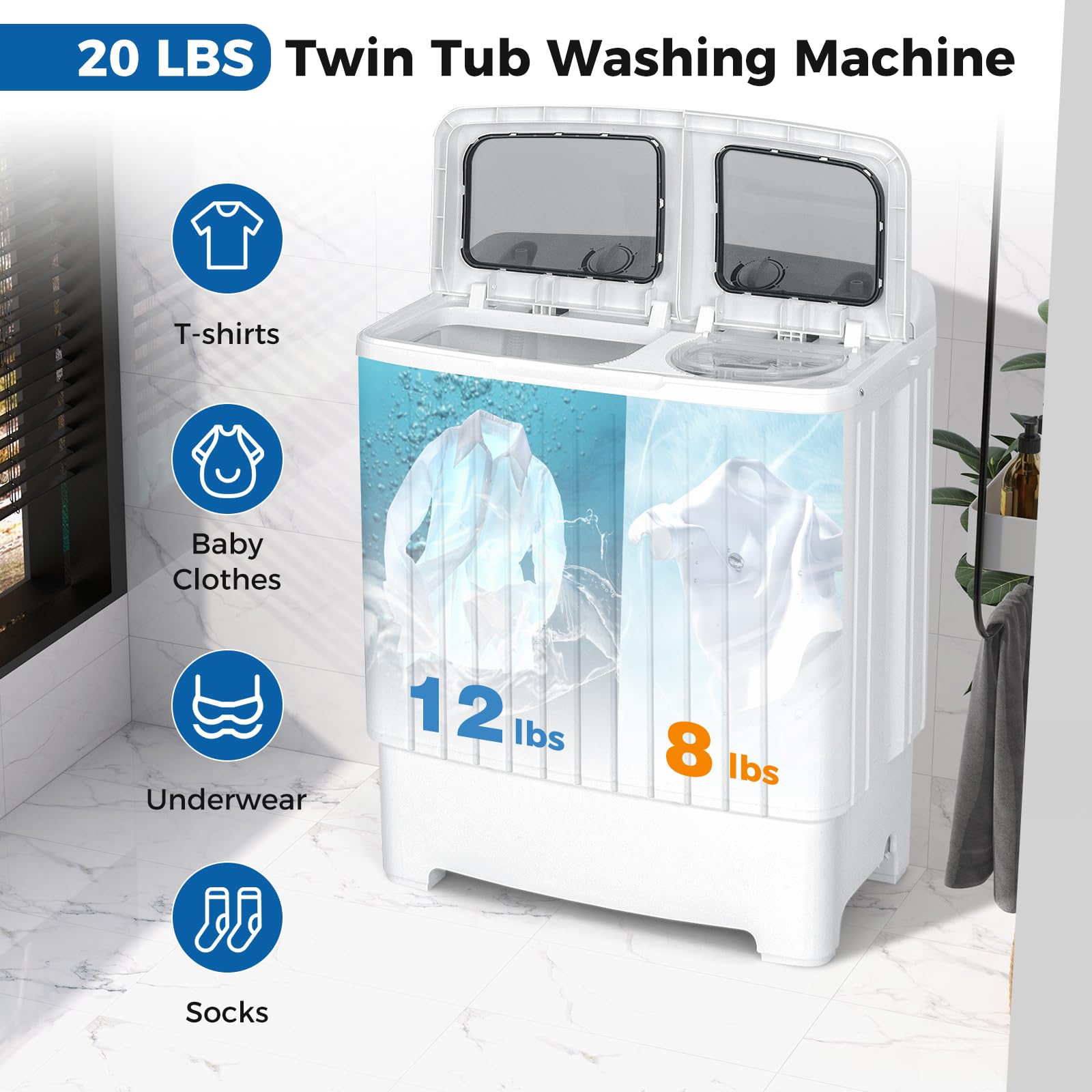 COSTWAY Portable Washing Machine, Twin Tub 20 Lbs Capacity, Compact Laundry Washer(12 Lbs) and Spinner(8 Lbs), Durable Design, Timer Control, Perfect for RV, Apartments and Dorms, Blue+White