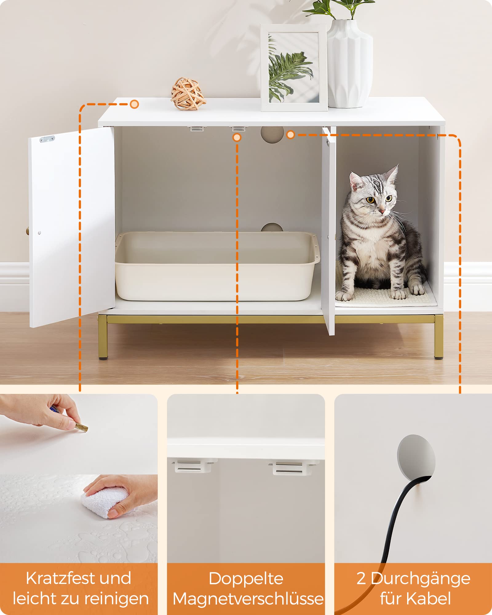 Feandrea Katzenklo-Schrank, Katzenhaus, Katzentoilette, mit Kratzmatte, hohe Beine, für Katzen, Beistelltisch, 80 x 50 x 55 cm, weiß-goldfarben PCL007W01