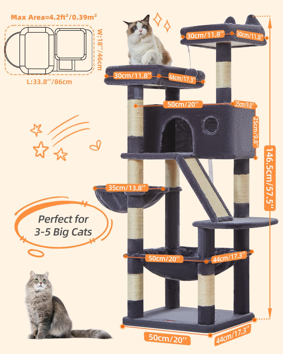 Taoqimiao 180CM Kratzbaum Groß, Katzenbaum Katzen Kratzbaum Grosse Katzen Stabil mit 2 Katzenhaus, Metallhängematte, Korb, 8 Kratzsäulen, Katzenkratztafel, MS026LM Beige