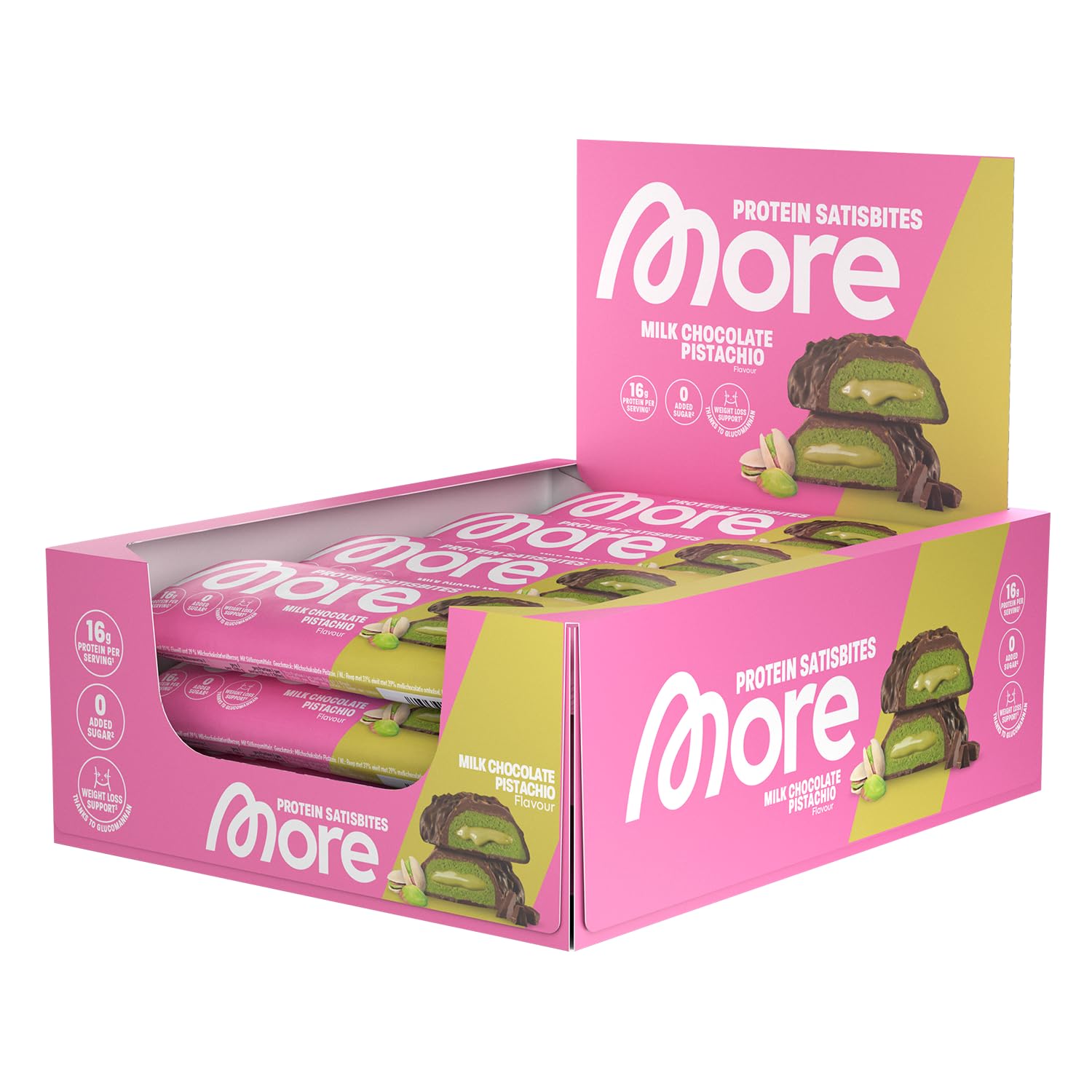 MORE Protein Satisbites, 12er Box Proteinriegel, 12 x 2 x 25 g, White Chocolate Strawberry Cream, bis zu 16 g Protein pro Portion, ohne Zuckerzusatz, made in Germany