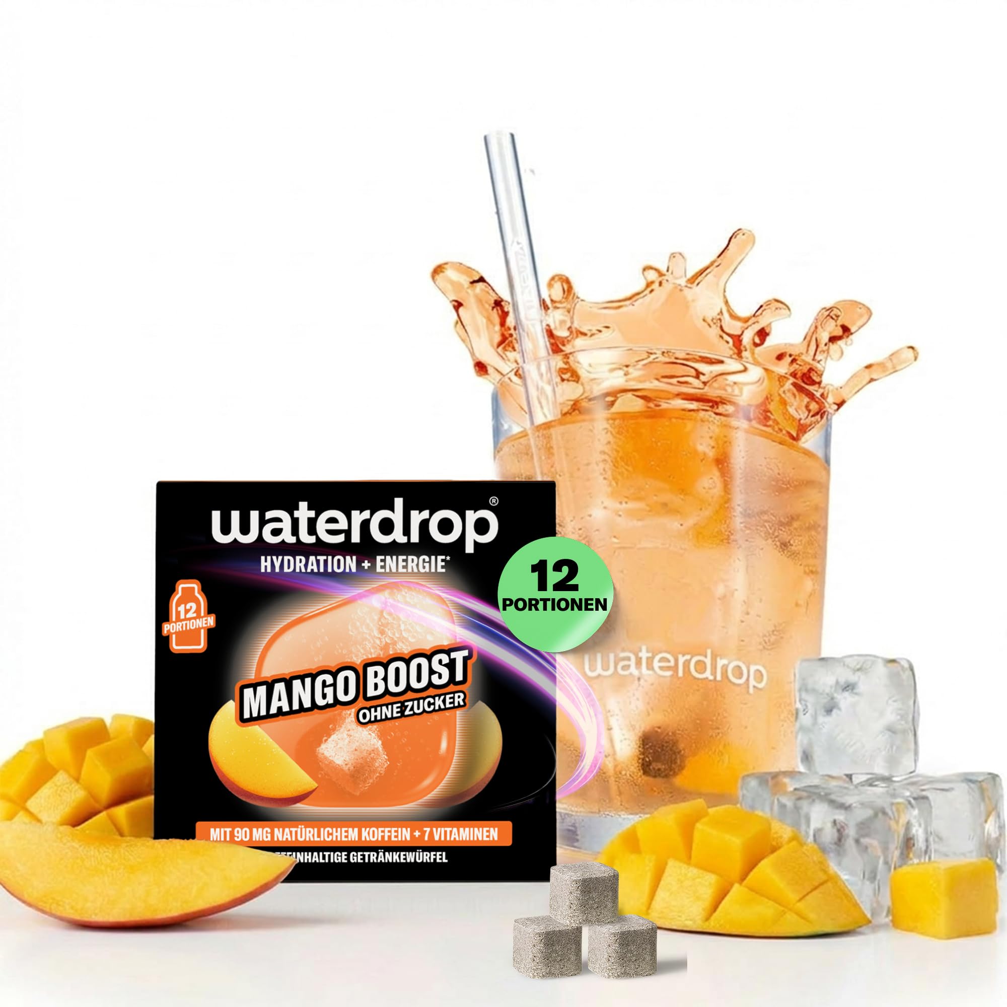 waterdrop® Microenergy Set, Energy Drink Pulver, 36 Würfel Getränkepulver, Mango, Kirsche & Brombeere Geschmack, Zuckerfrei & Kalorienarm, Mit 90 mg Natürlichem Koffein, Vitamin C & B – Flavour Drops