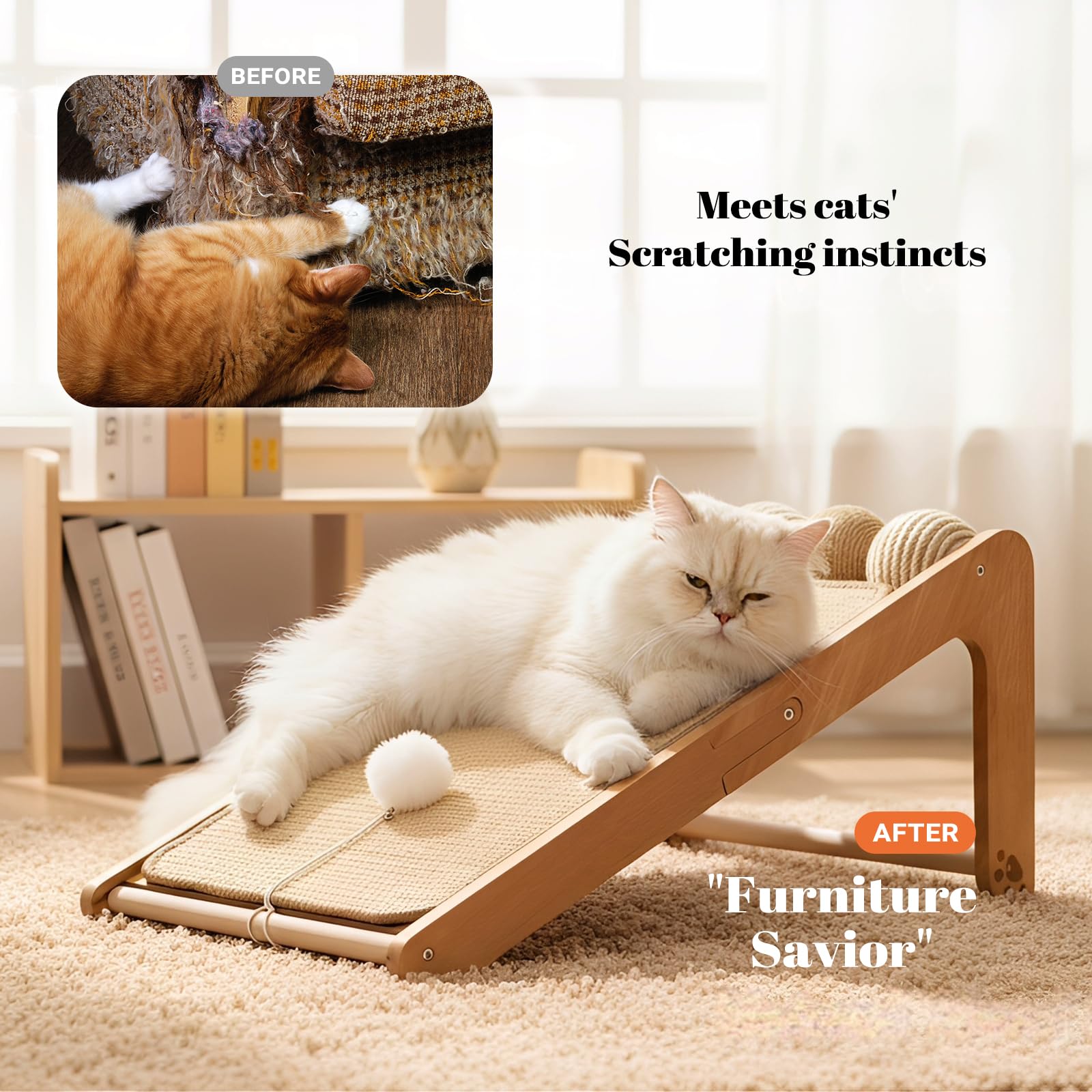 CheerPals Dual-Use Sisal Kratzbrett Katzen- Large 63cm H, Massivholz Buche & Natürliche Sisal Kratzsäule Katze, L-förmige Kratzmöbel für alle Katzen Spielen, Entspannen