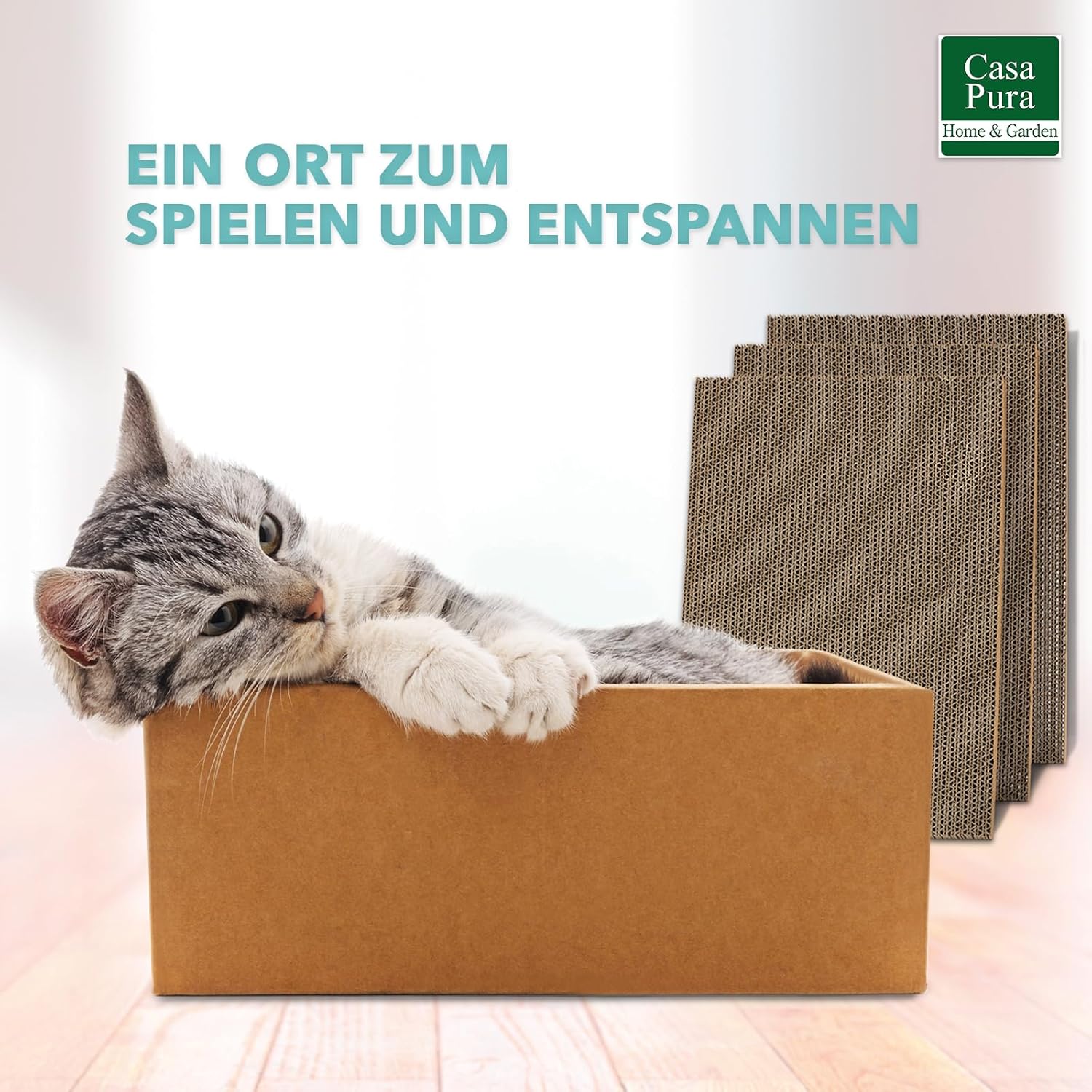 casa pura Katzenkratzbox Tiger mit 5 Kratzbrettern - 43,5 x 29,5 x 14 cm - Doppelseitige Kratzpappe für Katzen - Kratzbrett Katze zur Krallenpflege