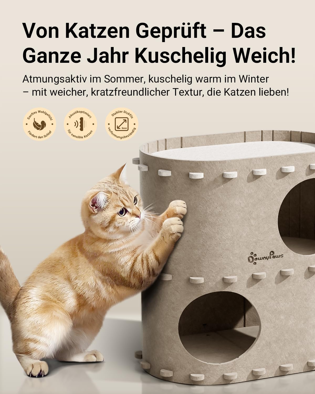 Katzenhöhle Filz, Katzenhaus aus Filz, Katzenbett, Katzenhöhle für Katzen, 58 x 33 x 30cm, Peek-a-Boo zum Spielen, Winterfest, Schutz der Katzennägel, Beige