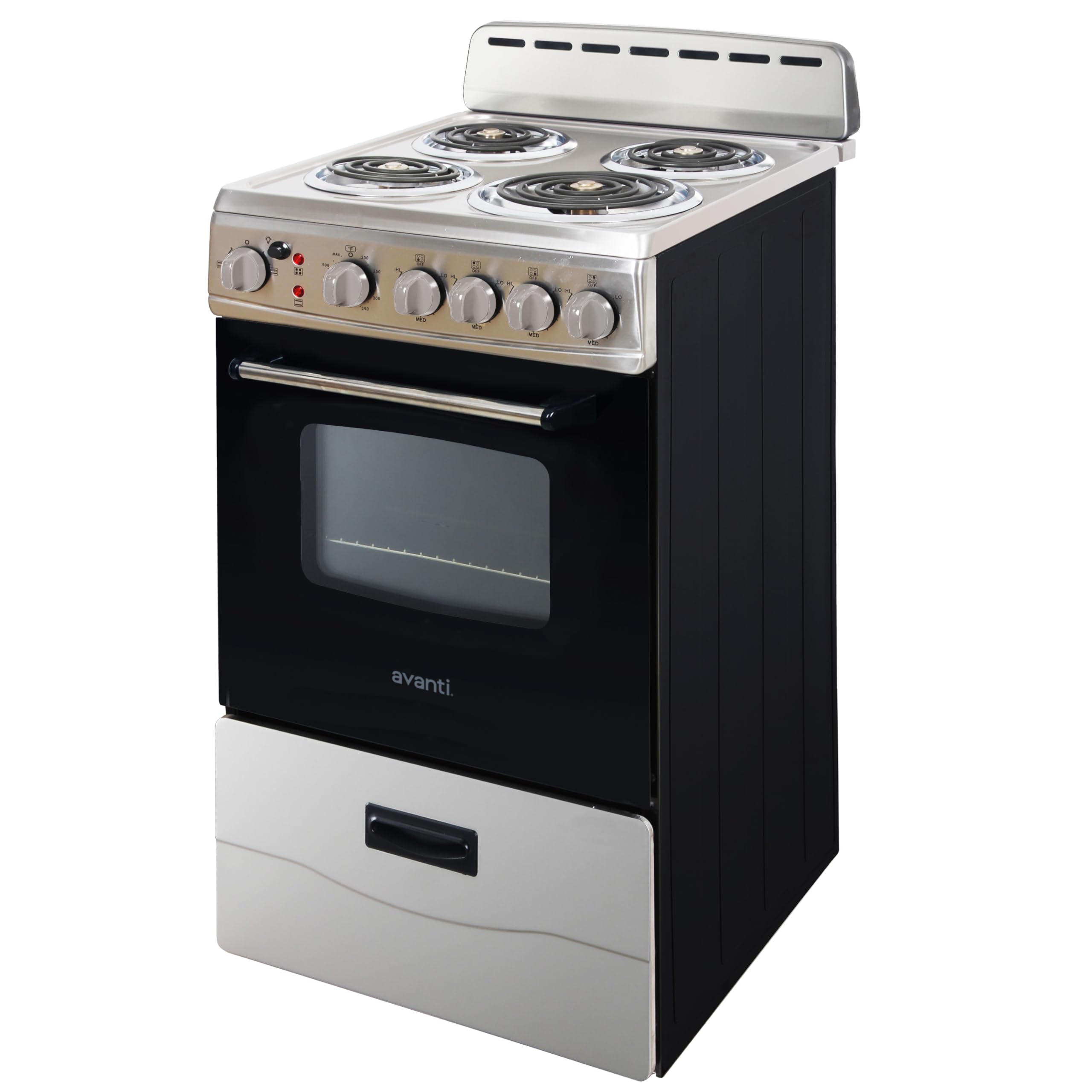 Avanti Electric Range Oven Compact Design, 2.1-Cu.Ft. Capacity with 4 Coil Burners, Framed Glass Oven Door, Storage Drawer and Broiler with Pan Perfect for Apartments, 20-Inch, Stainless Steel