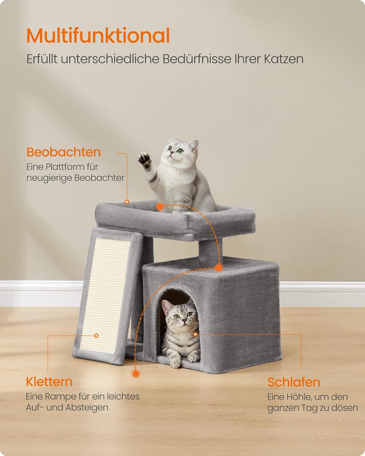 Feandrea Kratzbaum, Katzenbaum mit Kratzsäulen, Rampe, Katzenkratzbaum, 2 große Plattformen, Höhle und Korb, 85,8 cm hoch, Taubengrau PCT013GD01