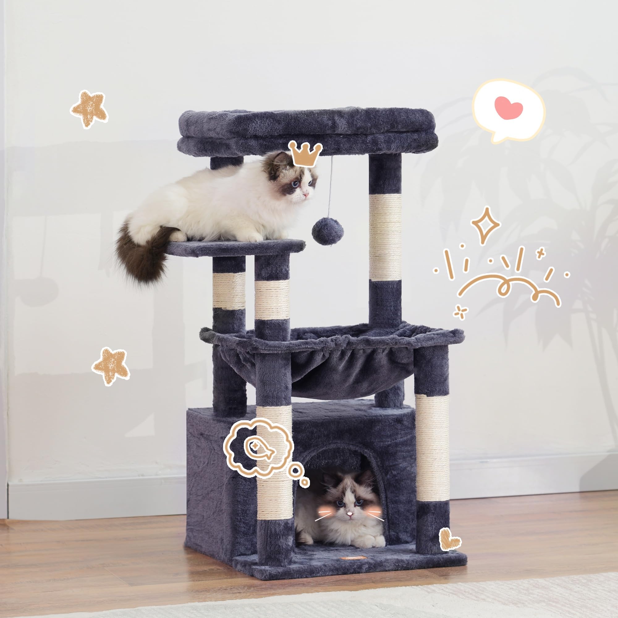 Heybly Kratzbaum, Katzenbaum mit Extra Großem, Weichem Katzenkorb, Katzenkratzbaum mit Geräumigem Katzenbett und Verstecktem Schlafplatz, Robusten Sisal-Kratzsäulen, Hellgrau HCT008SW