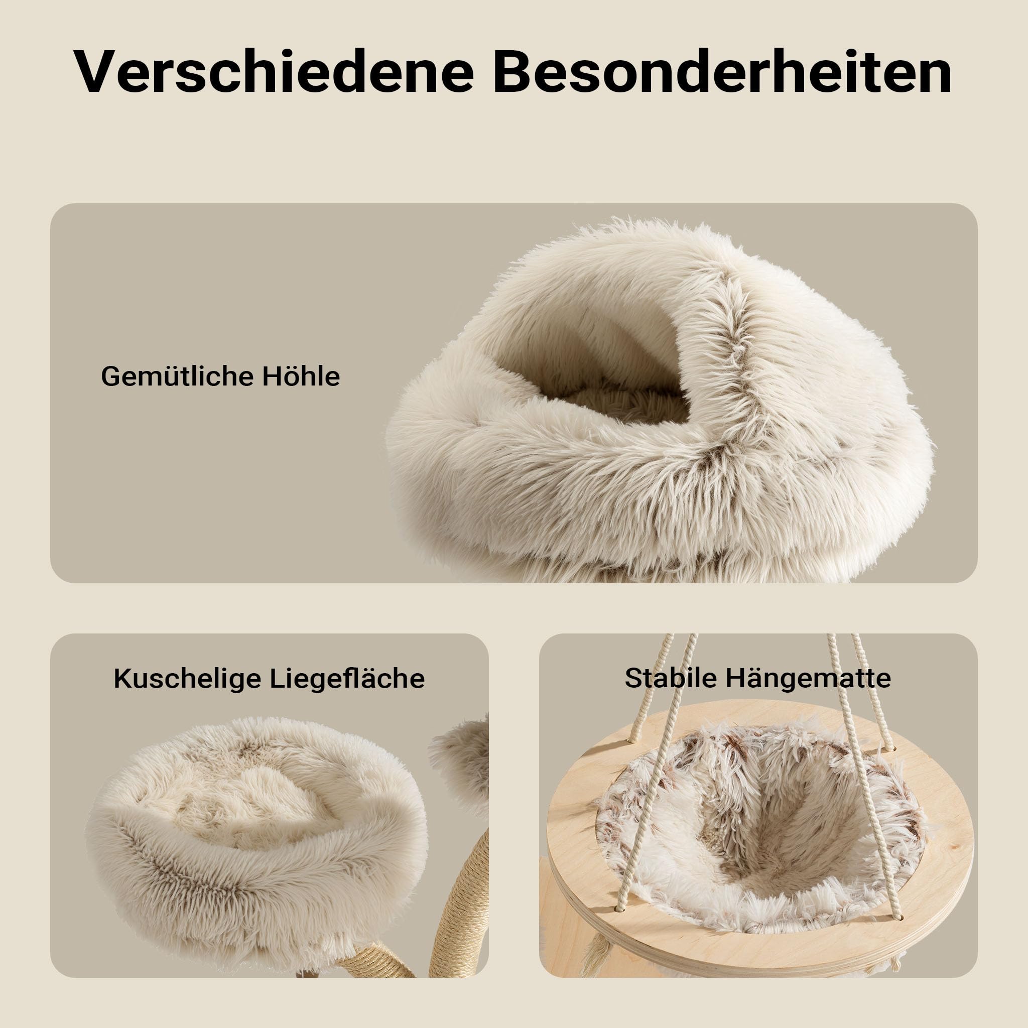 Fudajo Designer Kratzbaum mit Hängeliege, Katzenkratzbaum 59 x 59 x 169 cm, Katzenbaum bis max. 15 kg mit Sisal und Plüsch, Katzenmöbel mit 3 Etagen