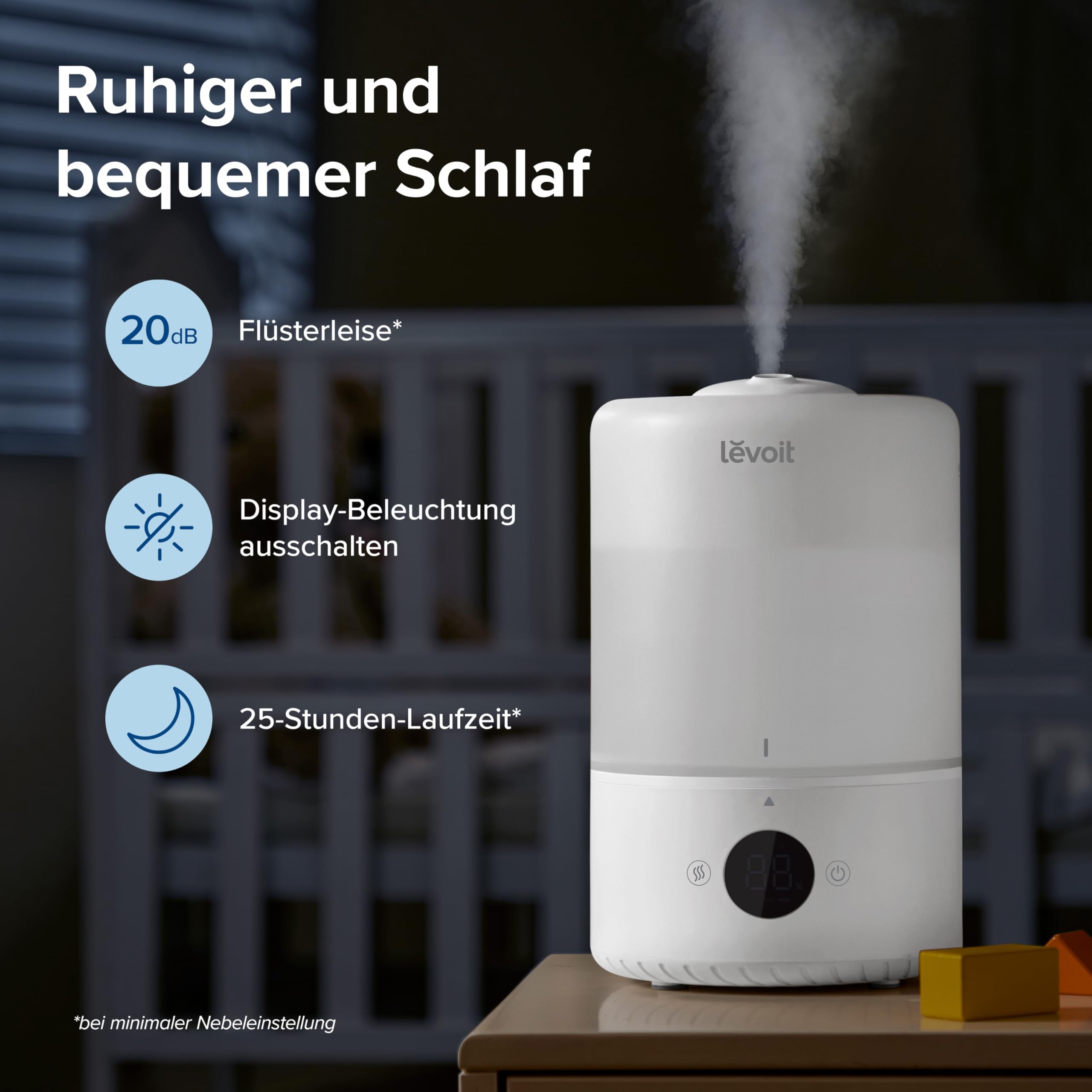 Levoit Luftbefeuchter Schlafzimmer, 23dB leise Humidifier, Top-Fill für Baby, bis 25H, Raumbefeuchter mit 360 grad Drehdüse für Kinderzimmer, Pflanzen, Auto Shut-off, 2,5 L, Weiß