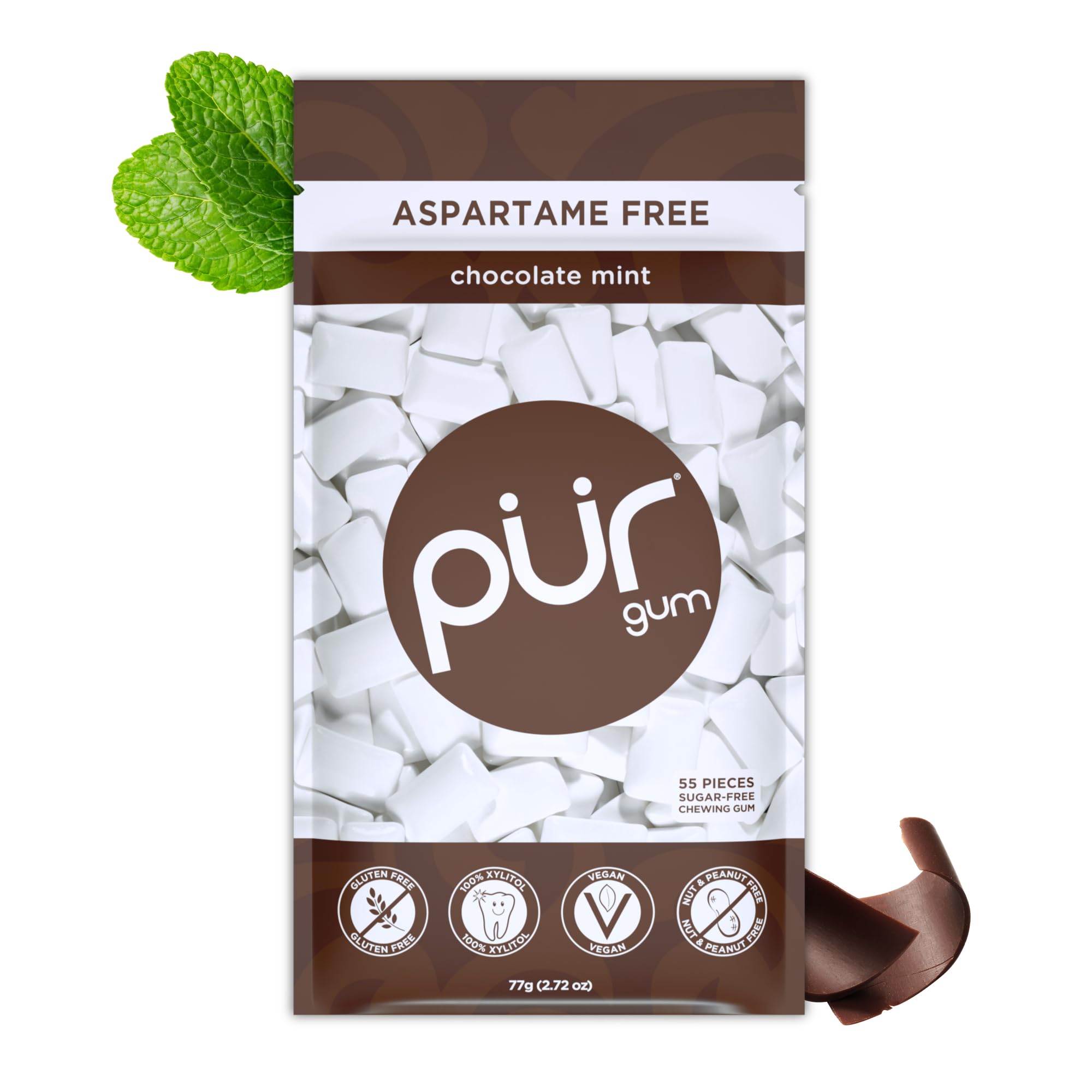 PUR Gum | Zuckerfreier Kaugummi | Mit Xylit | Vegan, Aspartamfrei & Glutenfrei | Natürlicher Kaugummi Mit Spearmint-Geschmack, 55 Stück (3er Pack)