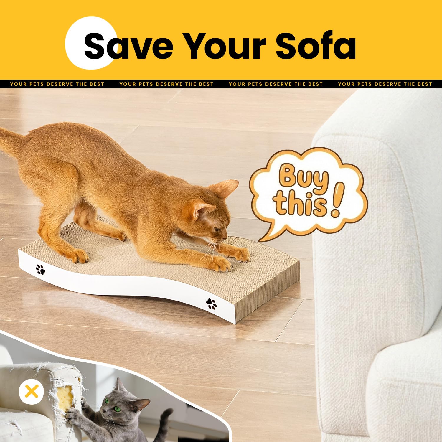Katzen Kratzbrett aus Pappe – Kratzbretter Katze mit Wellenform, langlebige Kratzmatte als Möbelschutz für Sofa & Ecke, umkehrbare Kratzpappe für Wohnungskatzen (1er-Pack)