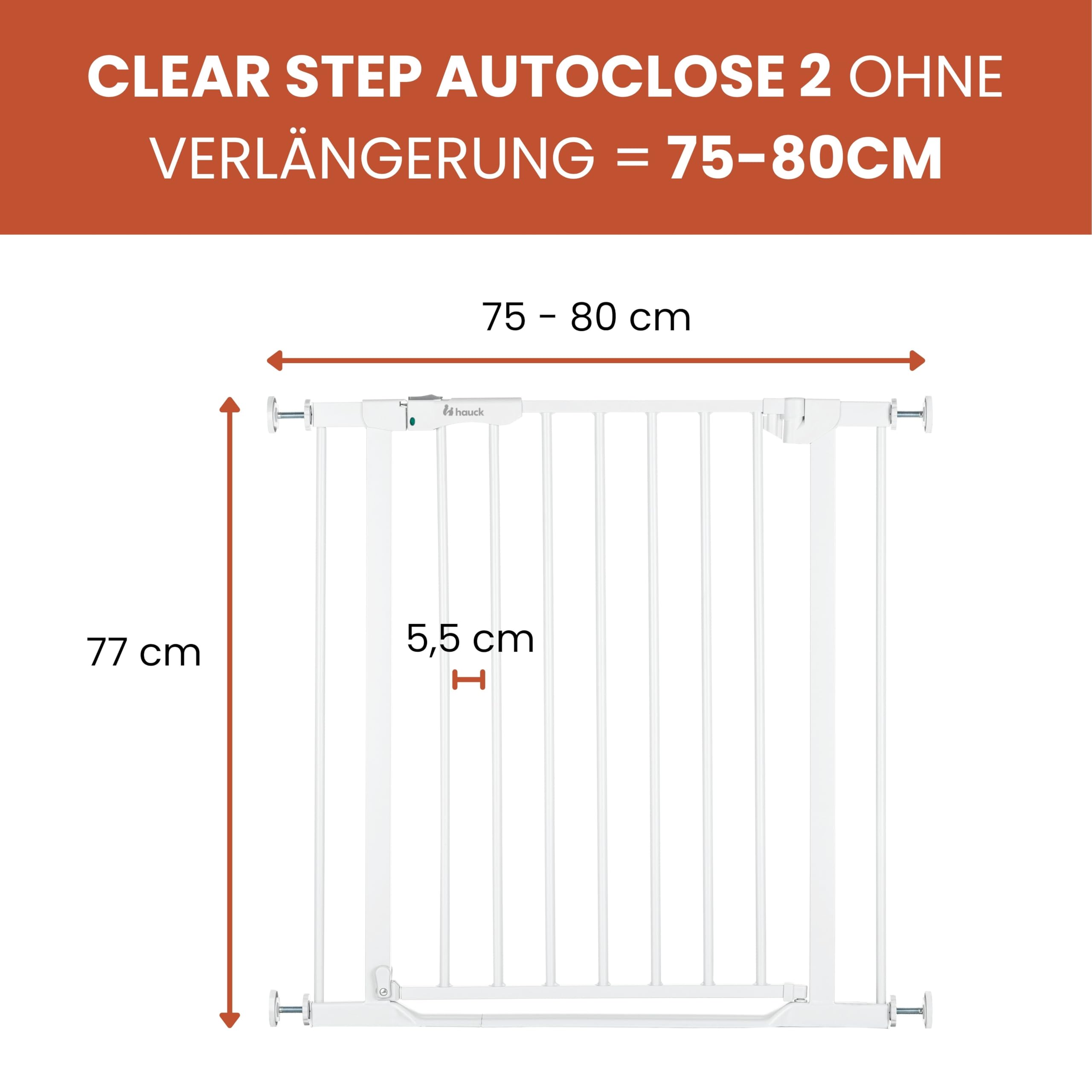 hauck Open N Stop 2 + 21 cm Verlängerung, Weiß - Kinderschutzgitter Hundegitter, Verstellbare Breite 96-101 cm, 77 cm Hoch, Beidseitige Einhand Öffnung, ohne Bohren, für Innen