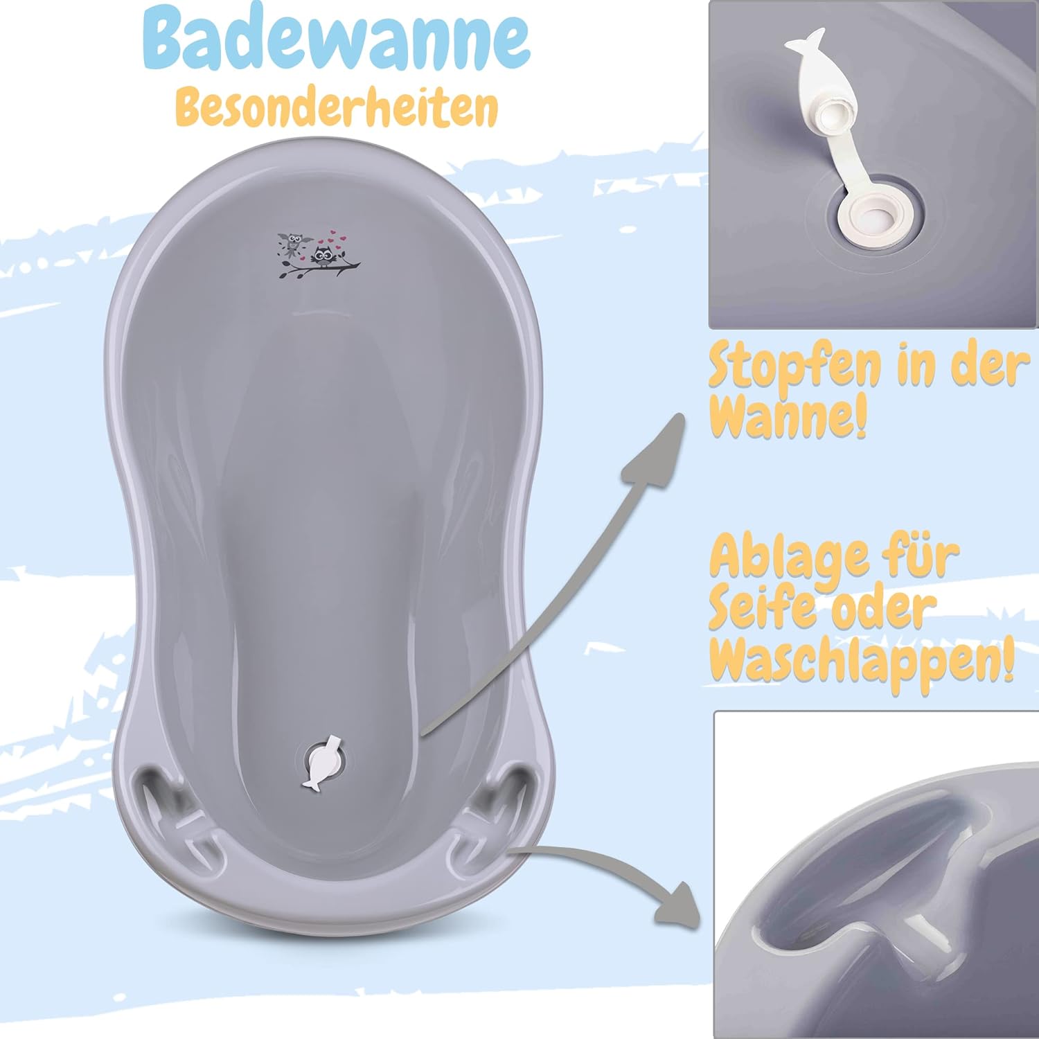 Baby Badewanne mit Gestell 4 Set TÜV Rheinland zertifiziert! Babybadewannen + Baby Badewannensitz +Abfluss + Gestell - Babywanne mit Ständer! Baby Pflegeset für Neugeborene.