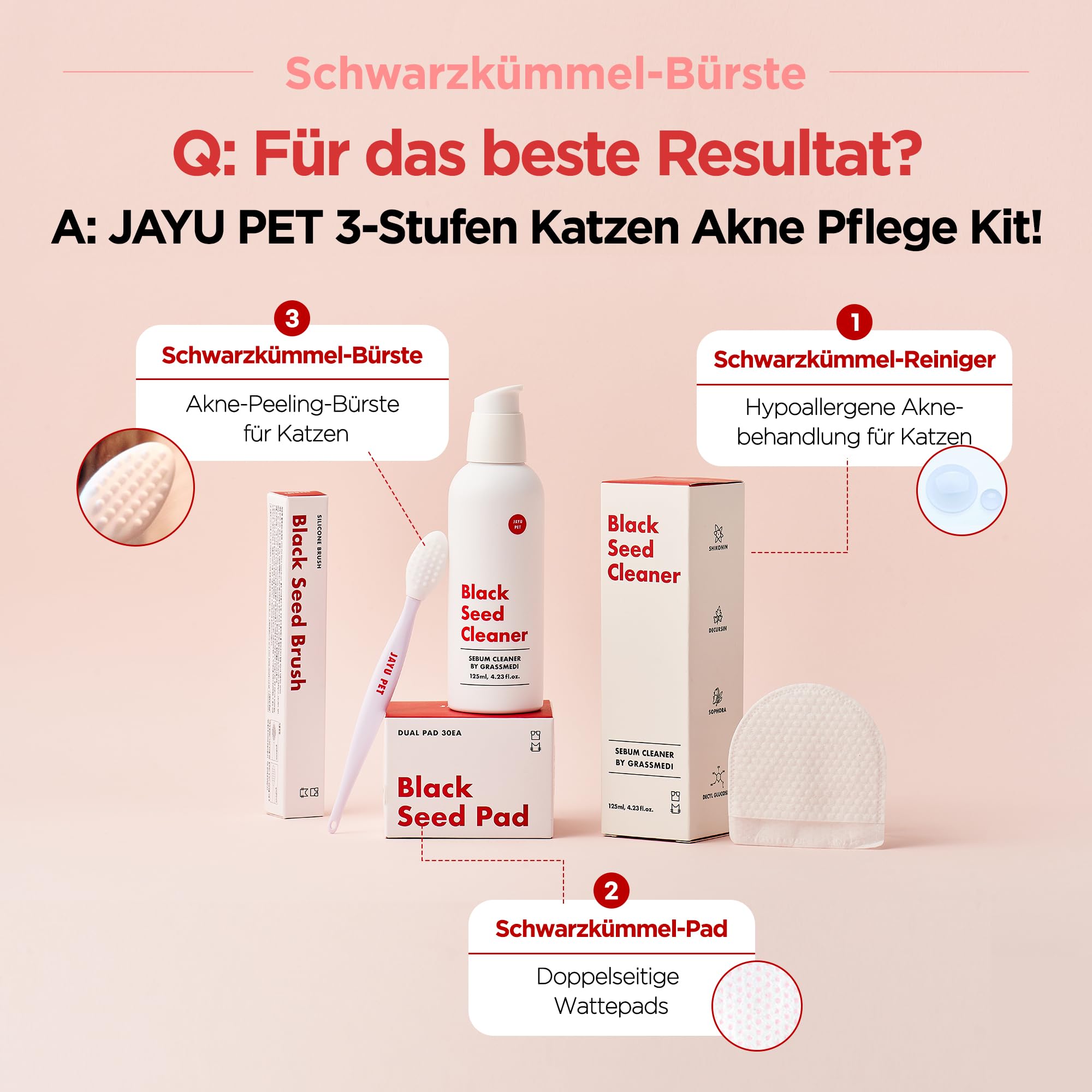 JAYU PET Schwarzkümmel-Reiniger - Kinnakne-Behandlung für Katzen, ungiftiger hypoallergener Reiniger, entfernt Mitesser am Katzenkinn und verbessert die Hautgesundheit (125 ml)