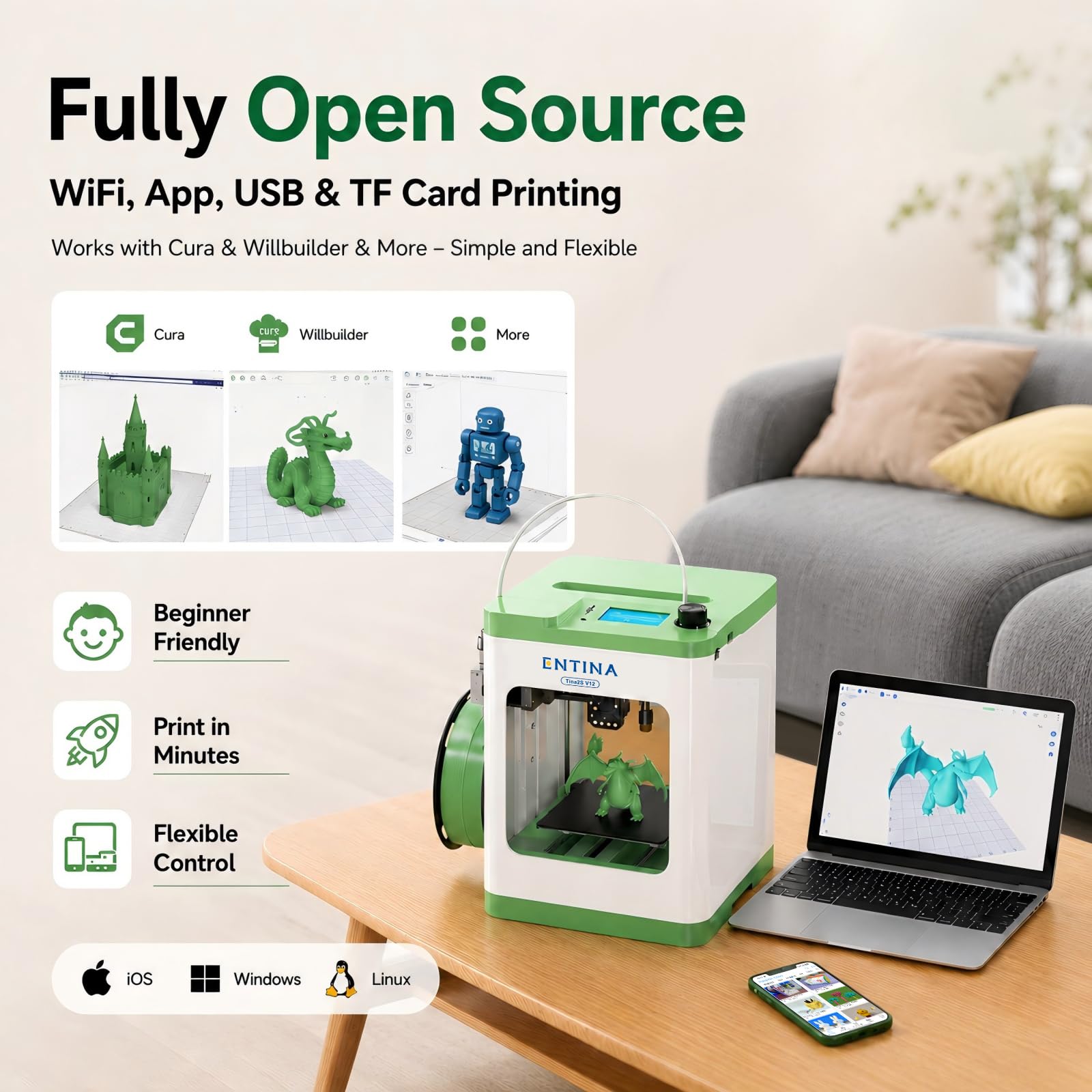 Entina Tina2C 3D Printer for Kids & Beginners, Fully Assembled Starter Mini 3D Printer, Start in 8 Mins, App & WiFi Control, Auto Leveling, 3000+ Model Library, 20+ Creative DIY Modules for STEM, Home