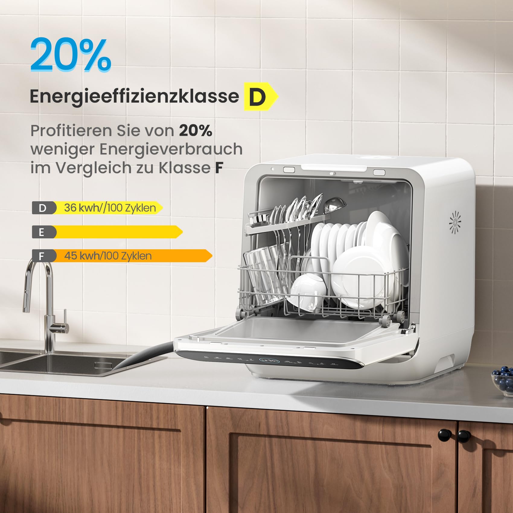 Midea MDC17P2DWW Countertop Dishwasher Portable with 6L(1.59G) Built-in Water Tank, 5+2 Programs, Auto Door Open, Dual Drying System, Energy-Saving and Odor Removal, for Apartments, Dorms& RVs, White