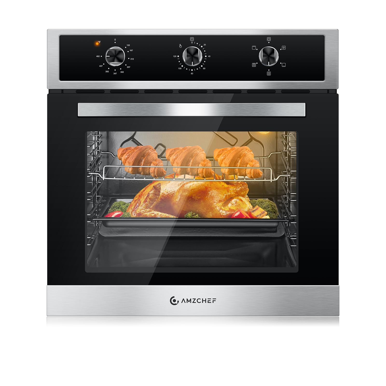 24" Single Wall Oven for Kitchen: 2200W Built-in Electric Wall Oven with Mechanical Knobs Control, 2.65 Cu.ft. Stainless Steel Wall Oven with 5 Cooking Modes, 360° ROTATING ROTISSERIE, Timer