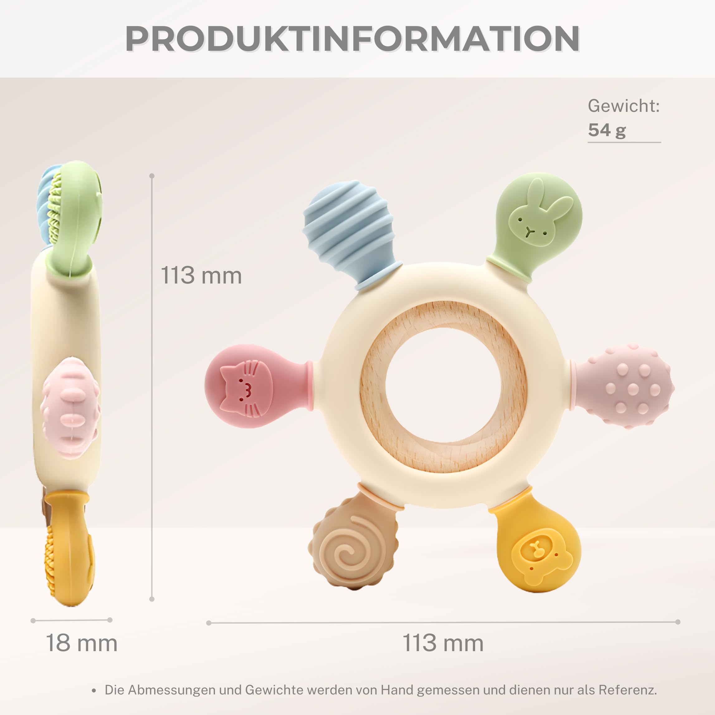 CAJA Beißring Baby BPA freie Zahnungshilfe und Beißspielzeug aus Silikon und Holz Greifring mit Tiermotiv Geschenkidee zur Geburt Sicheres Babyspielzeug für Jungen und Mädchen