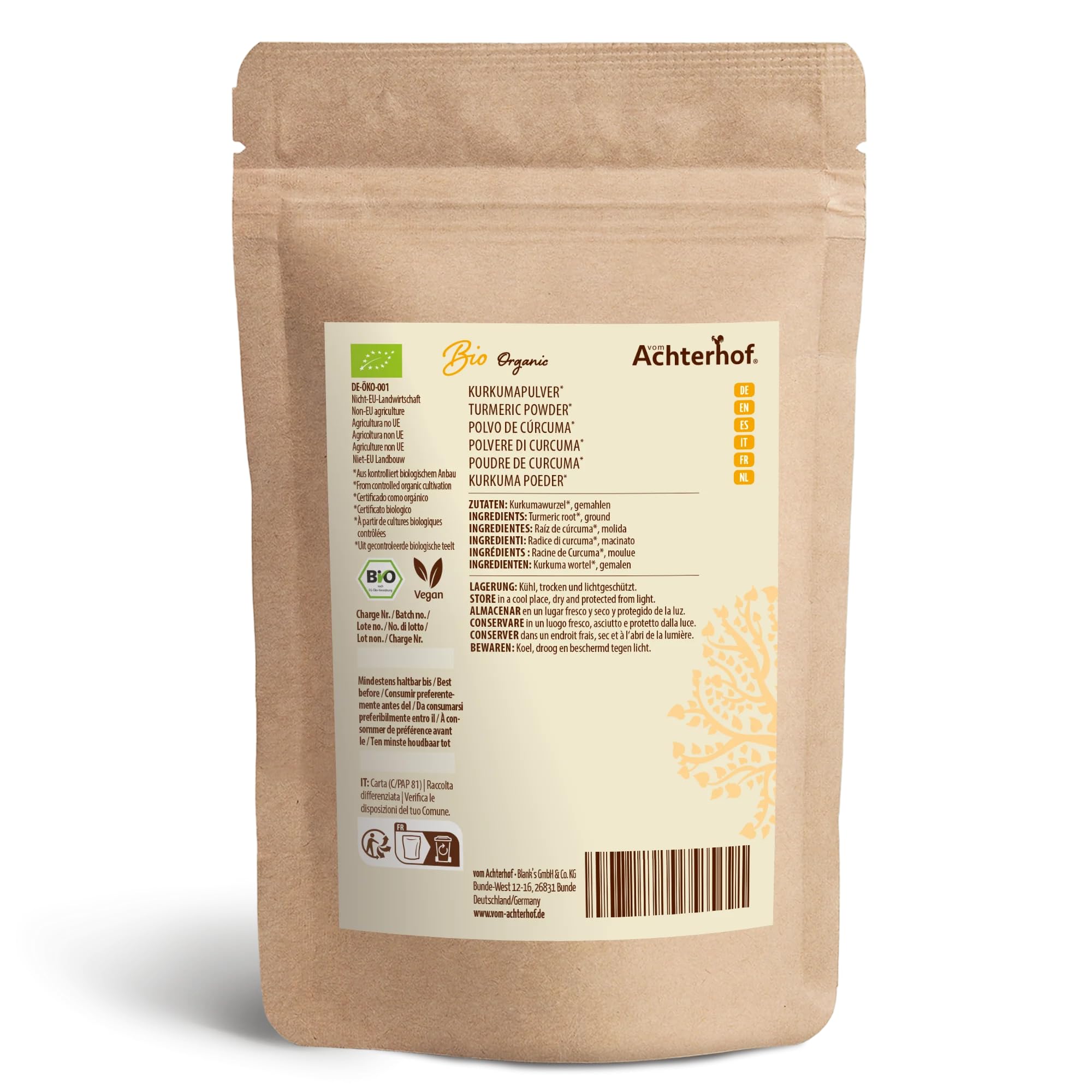 Kurkuma Pulver 1000g | fein gemahlene Kurkumawurzel in Bio-Qualität | Ideal zur Zubereitung einer Goldenen Milch, als Zugabe in Tee, asiatischen Gerichten, würzigen Suppen & Co | vom Achterhof