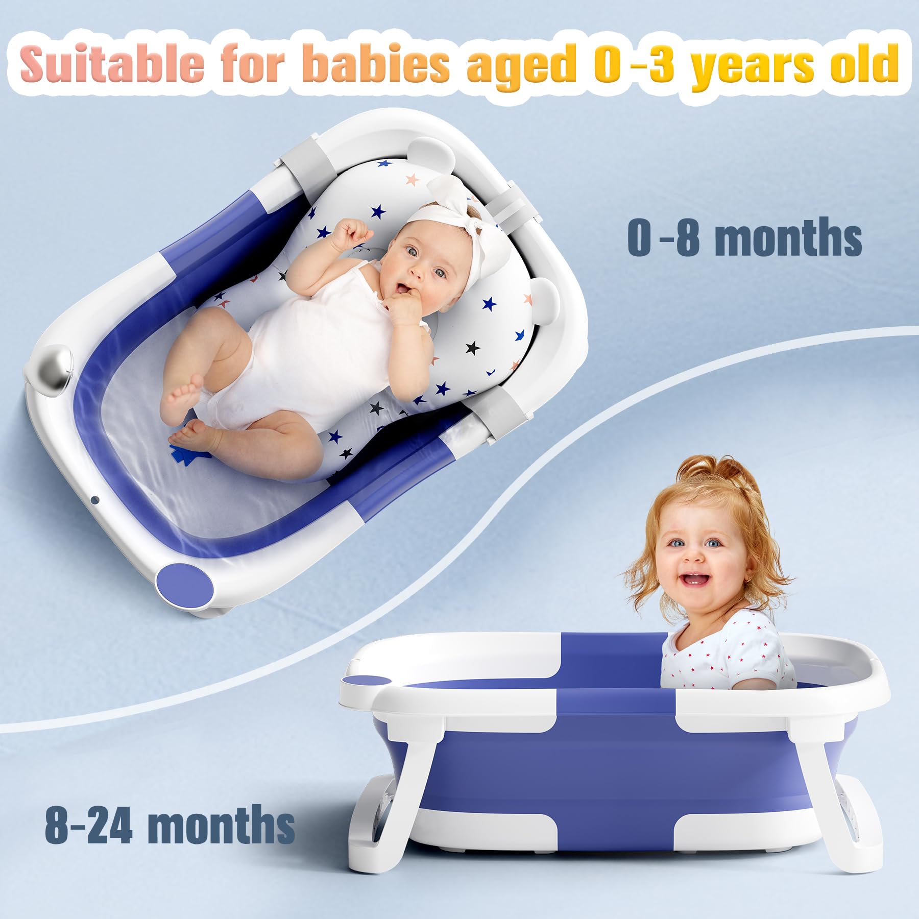 Baby Badewanne Faltbare, Baby Bathtub Babywanne Faltbar Babybadewanne Tragbare Wanne für Neugeborene Kleinkinder mit Rutschfester Matte und Abflussloch (Kein Thermometer) (Grau)
