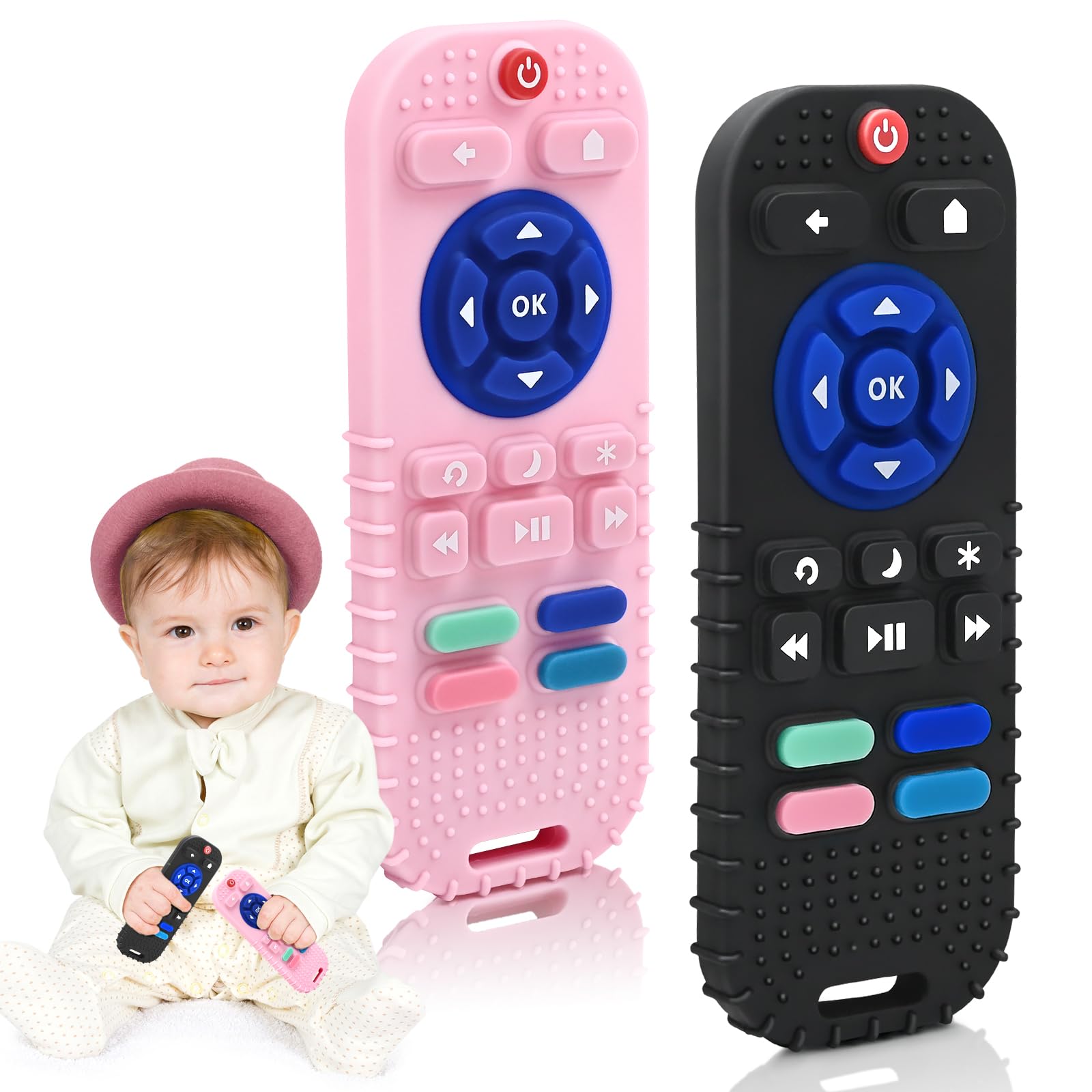Zahnen Beißringe Spielzeug für Babys 3-6-12 Monate Geschenke, Fernbedienung Baby Zahnungshilfe für 7 8 9 Monate Kleinkind Autismus, Lebensmittelqualität Silikon Badespielzeug, Schwarz