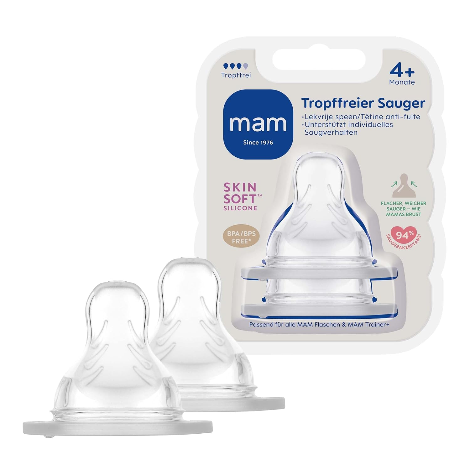 MAM Sauger Größe 1 im Doppelpack, Flaschensauger (Durchflussrate langsam), weicher Trinksauger passend für Flaschen/Trainer, ab der Geburt