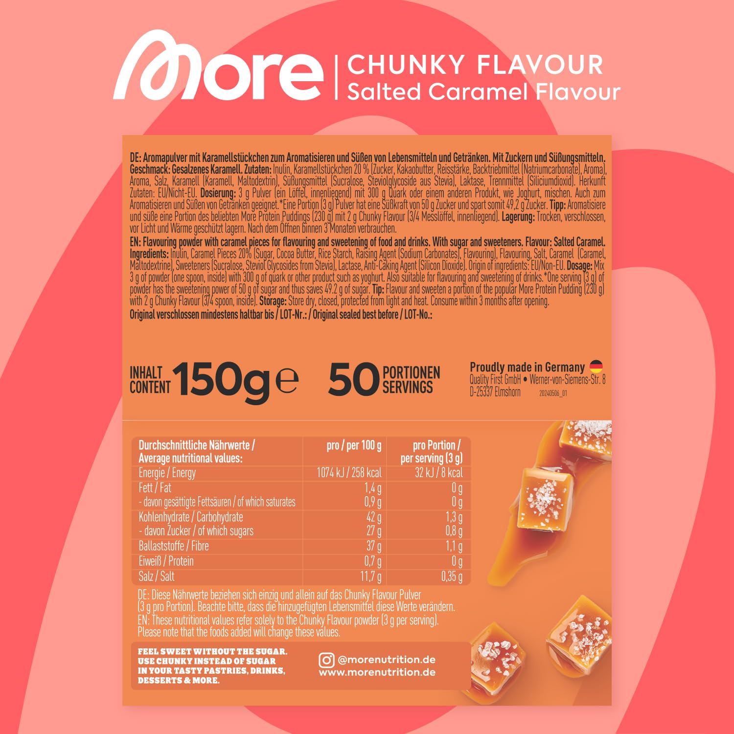 MORE Chunky Flavour, Vanilla Perfection, 150 g, vegan, Geschmackspulver zum Süßen, ohne viel Zucker und Kalorien, mit Inulin und Laktase - made in Germany