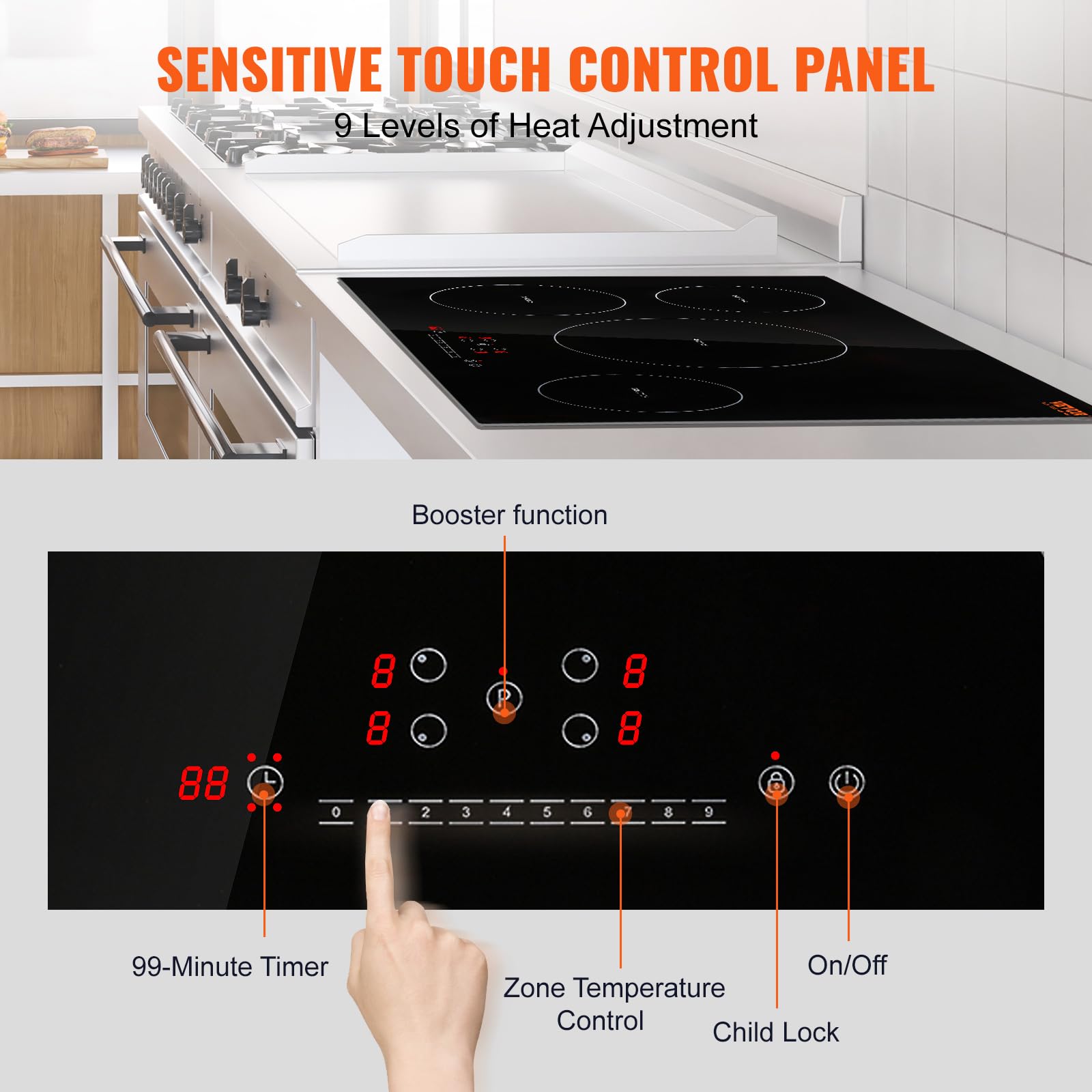 VEVOR Built-in Induction Electric Stove Top 30 Inch,5 Burners Electric Cooktop,9 Power Levels & Sensor Touch Control,Easy to Clean Ceramic Glass Surface,Child Safety Lock,240V