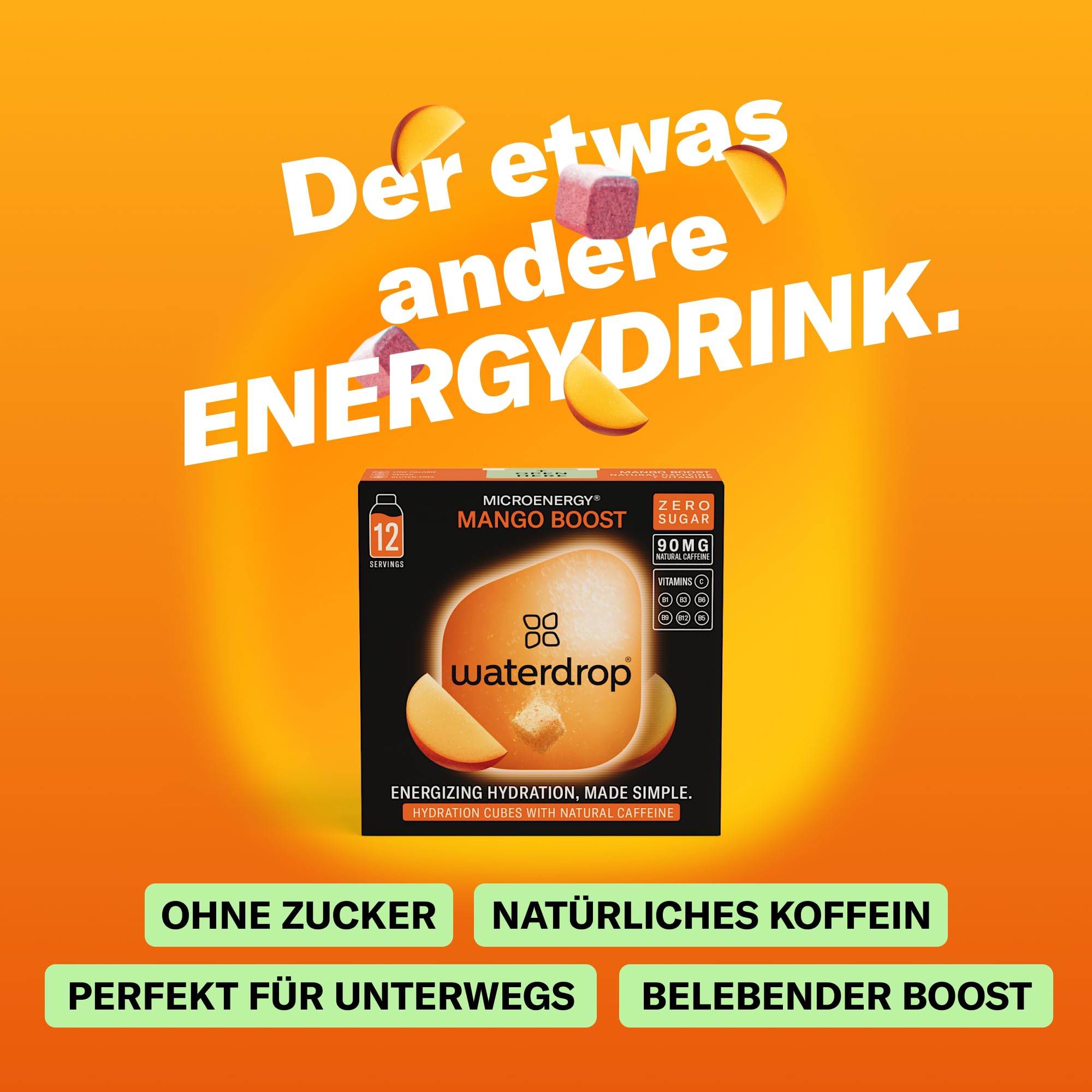 waterdrop® Microenergy Set, Energy Drink Pulver, 36 Würfel Getränkepulver, Mango, Kirsche & Brombeere Geschmack, Zuckerfrei & Kalorienarm, Mit 90 mg Natürlichem Koffein, Vitamin C & B – Flavour Drops