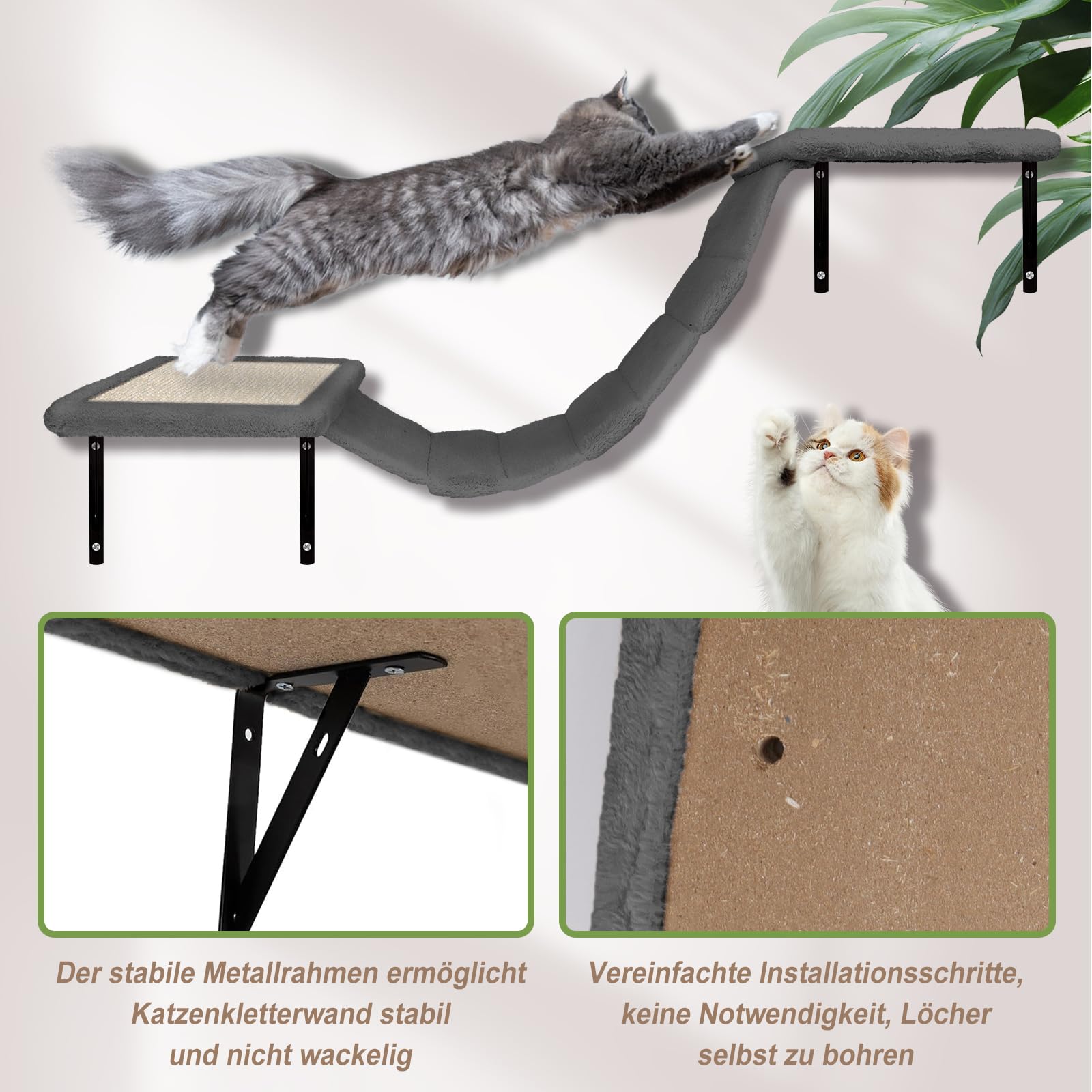 Myiosus Kletterwand Katzen, 10-teilig Katzen Kletterwand Set, Stabiles Kratzbaum Wand, Plüsch-Wandkratzbaum, Katzenmöbel mit Katzenhaus, Katzenbrücke, Kratzbaum mit Hängeball, Bequem Katzenliege