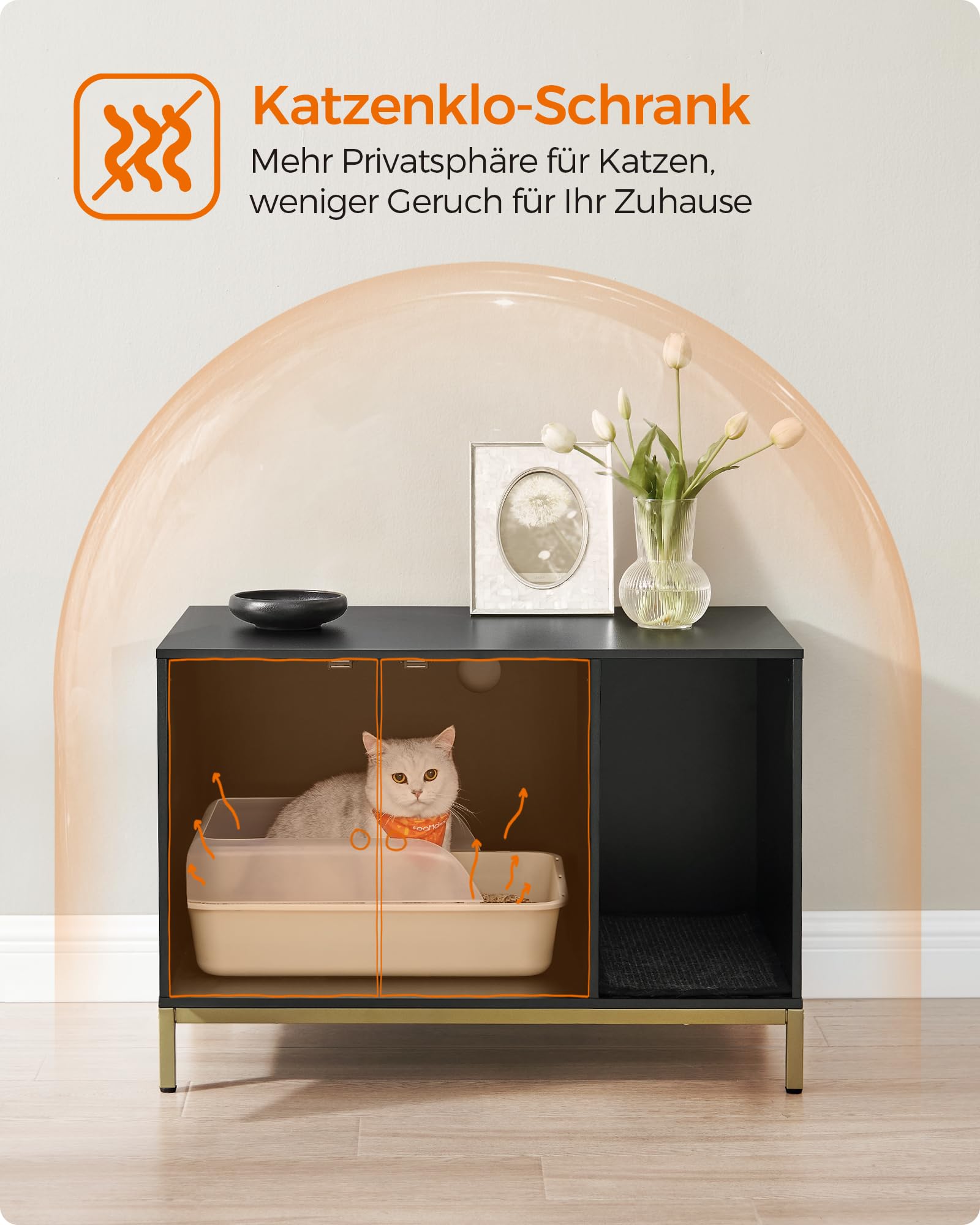 Feandrea Katzenklo-Schrank, Katzenhaus, Katzentoilette, mit Kratzmatte, hohe Beine, für Katzen, Beistelltisch, 80 x 50 x 55 cm, weiß-goldfarben PCL007W01