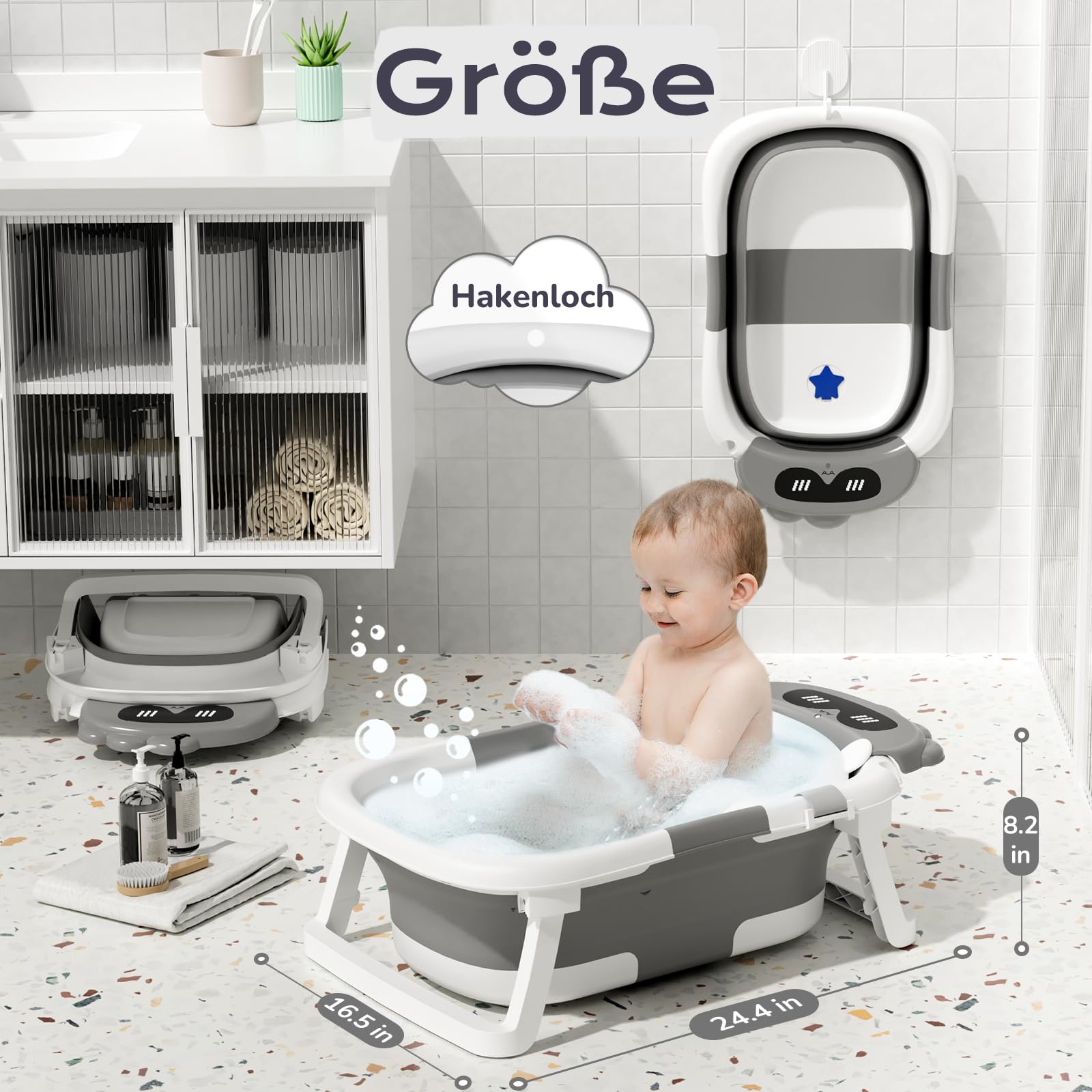 COOSEYA Baby Badewanne für 0-18 Monate, Faltbare Babywanne mit Babybadewanne Stützkissen, Portable Baby Bathtub als Wesentliche Artikel für Neugeborene und Kleinkind, Dinosaurier - Design (Grau)